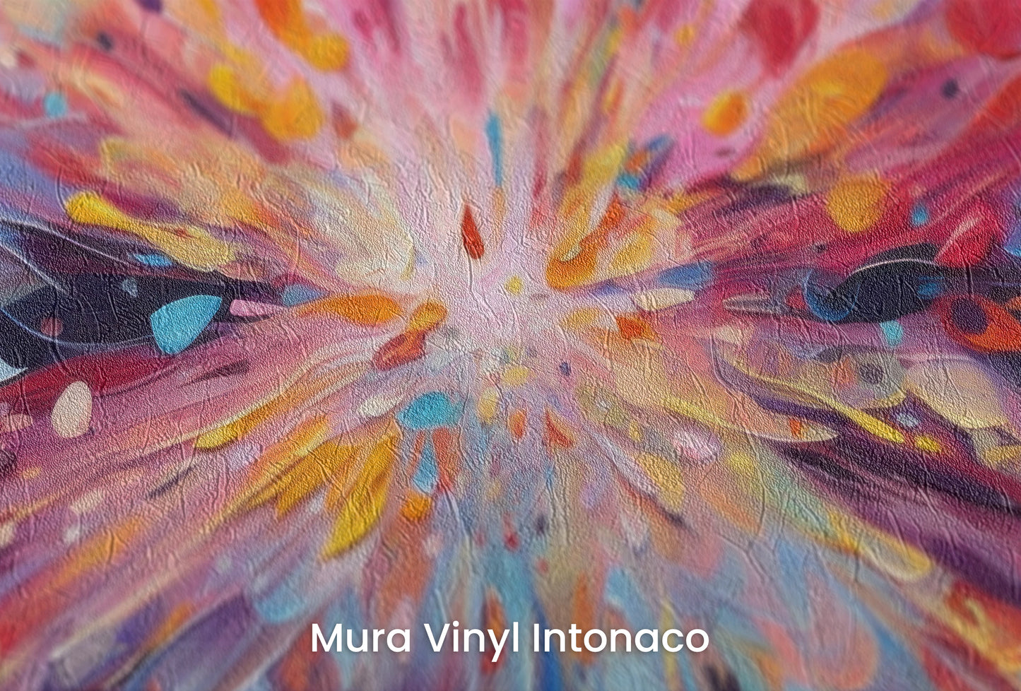 Zbliżenie na artystyczną fototapetę o nazwie Explosion of Joy na podłożu Mura Vinyl Intonaco - struktura tartego tynku.
