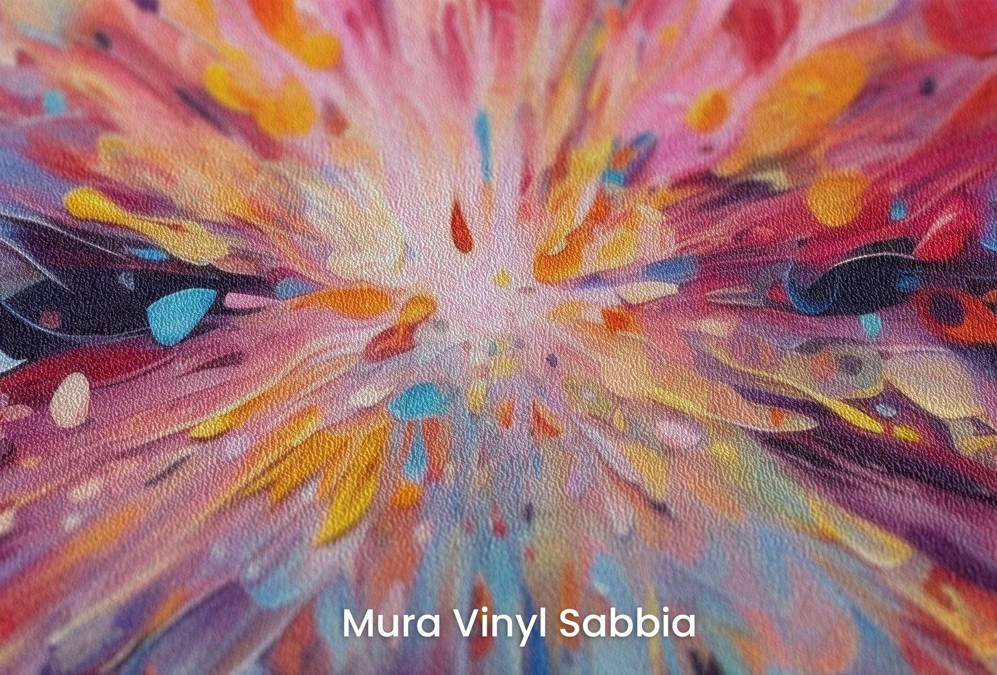 Zbliżenie na artystyczną fototapetę o nazwie Explosion of Joy na podłożu Mura Vinyl Sabbia struktura grubego ziarna piasku.