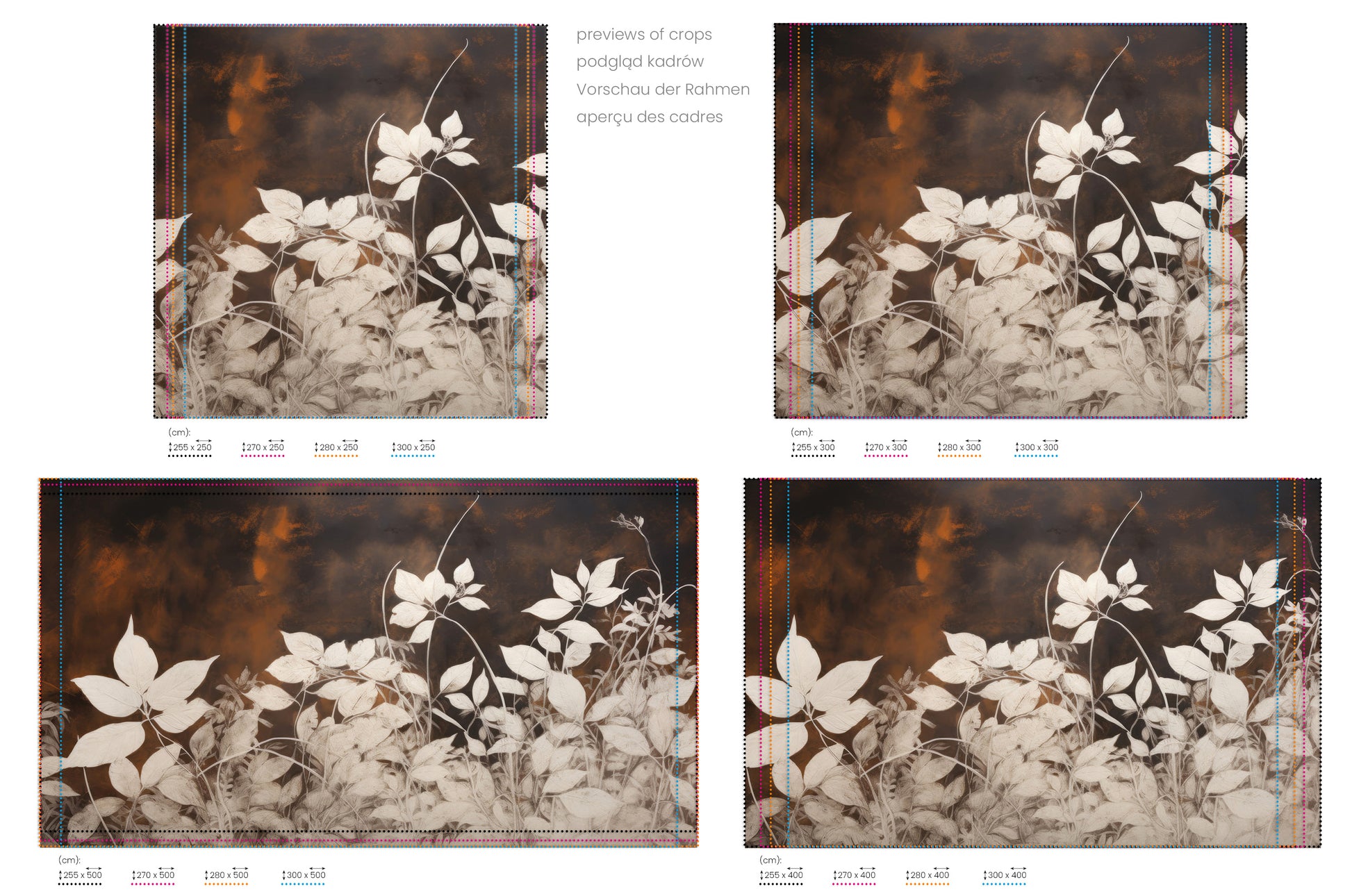 Na obrazie znajduje się prezentacja przykładowych rozmiarów fototapety o nazwie Golden Twilight Leaves. Rozmiar fototapety jest dowolny.