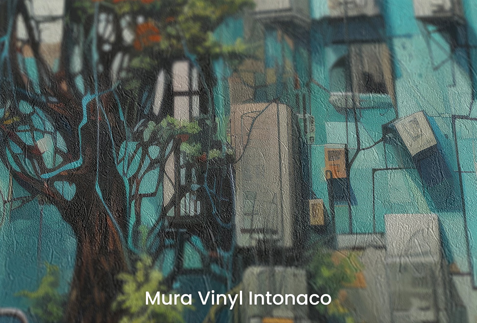 Zbliżenie na artystyczną fototapetę o nazwie Concrete Oasis na podłożu Mura Vinyl Intonaco - struktura tartego tynku.