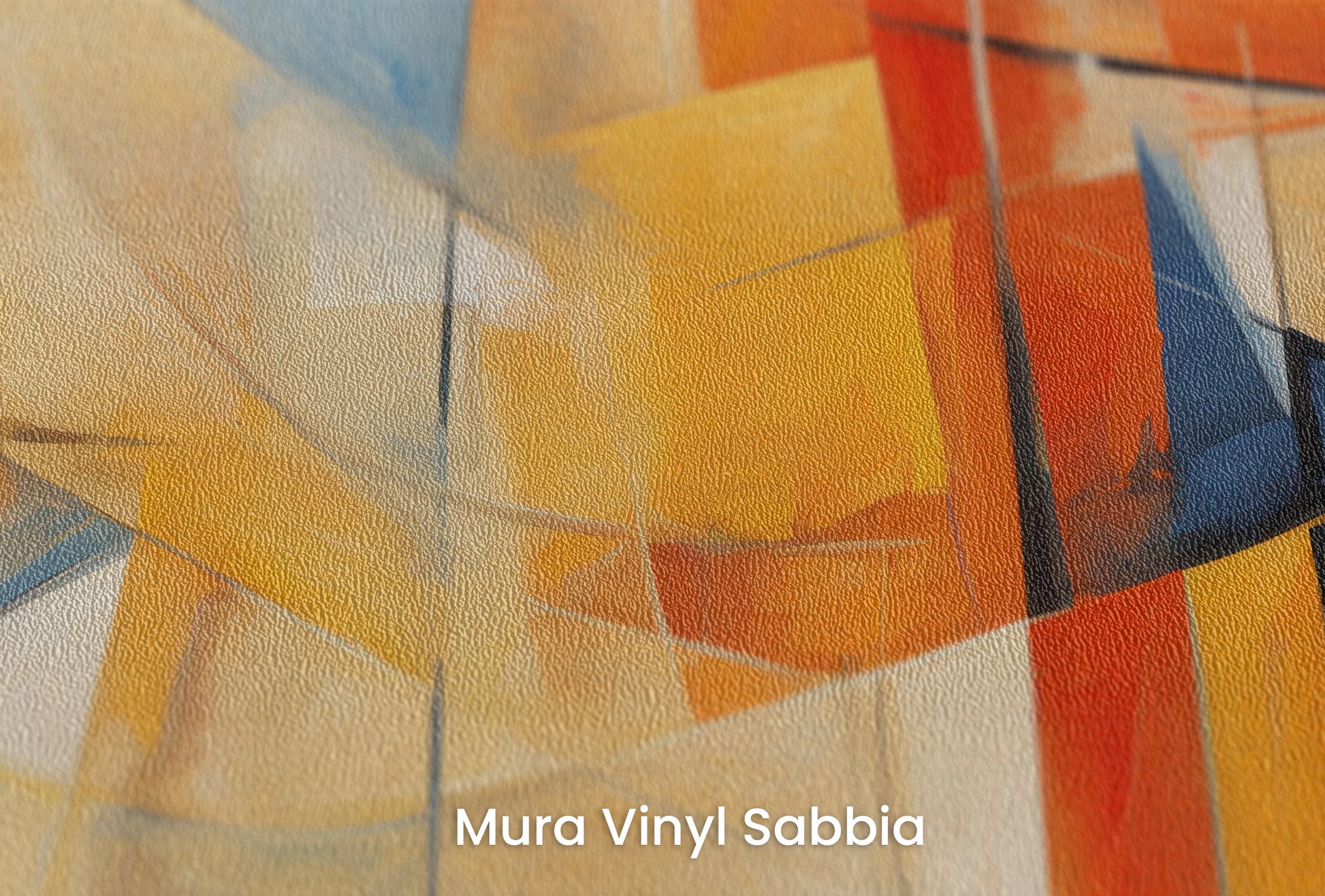 Zbliżenie na artystyczną fototapetę o nazwie Serene Geometry na podłożu Mura Vinyl Sabbia struktura grubego ziarna piasku.