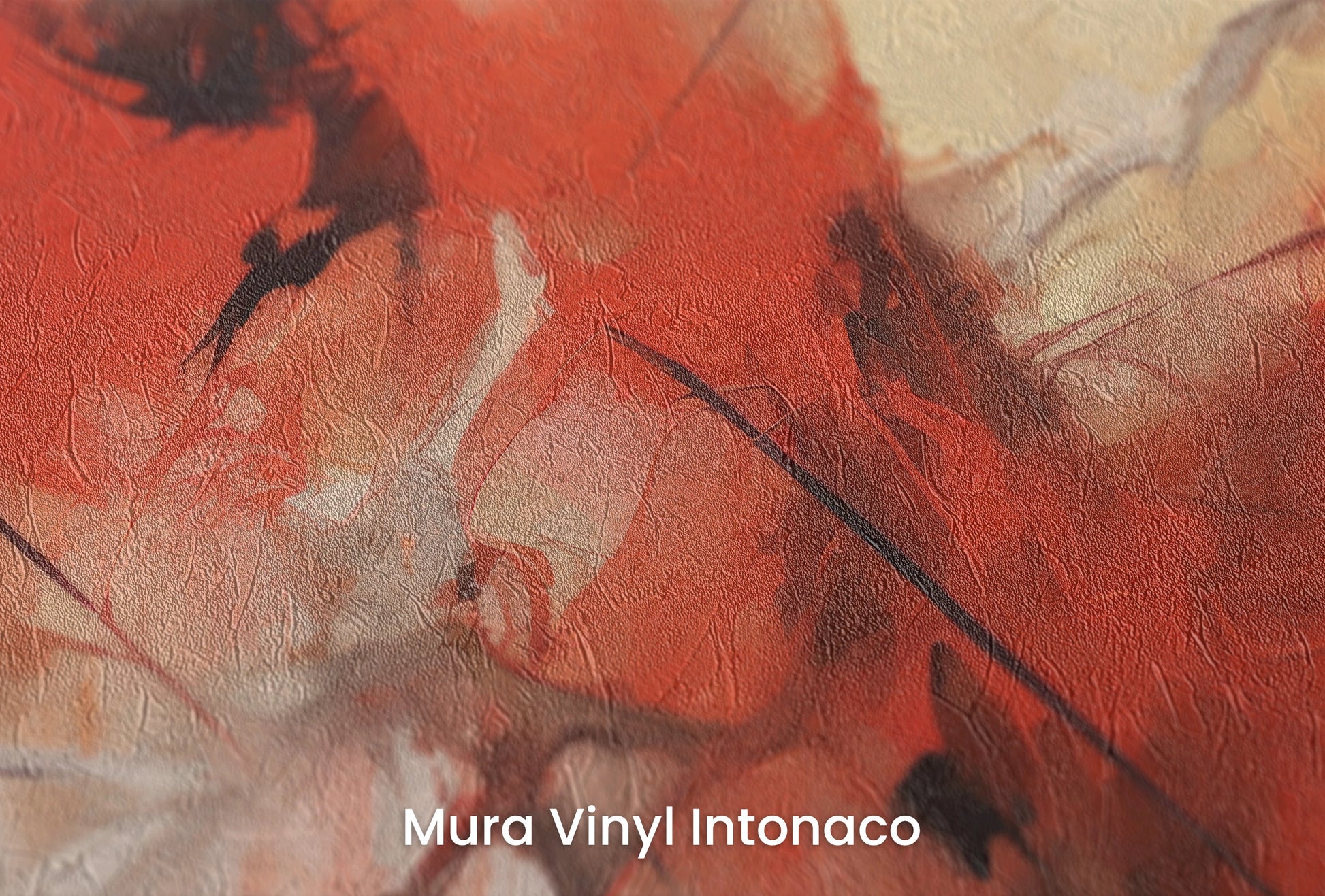 Zbliżenie na artystyczną fototapetę o nazwie Crimson Flow na podłożu Mura Vinyl Intonaco - struktura tartego tynku.