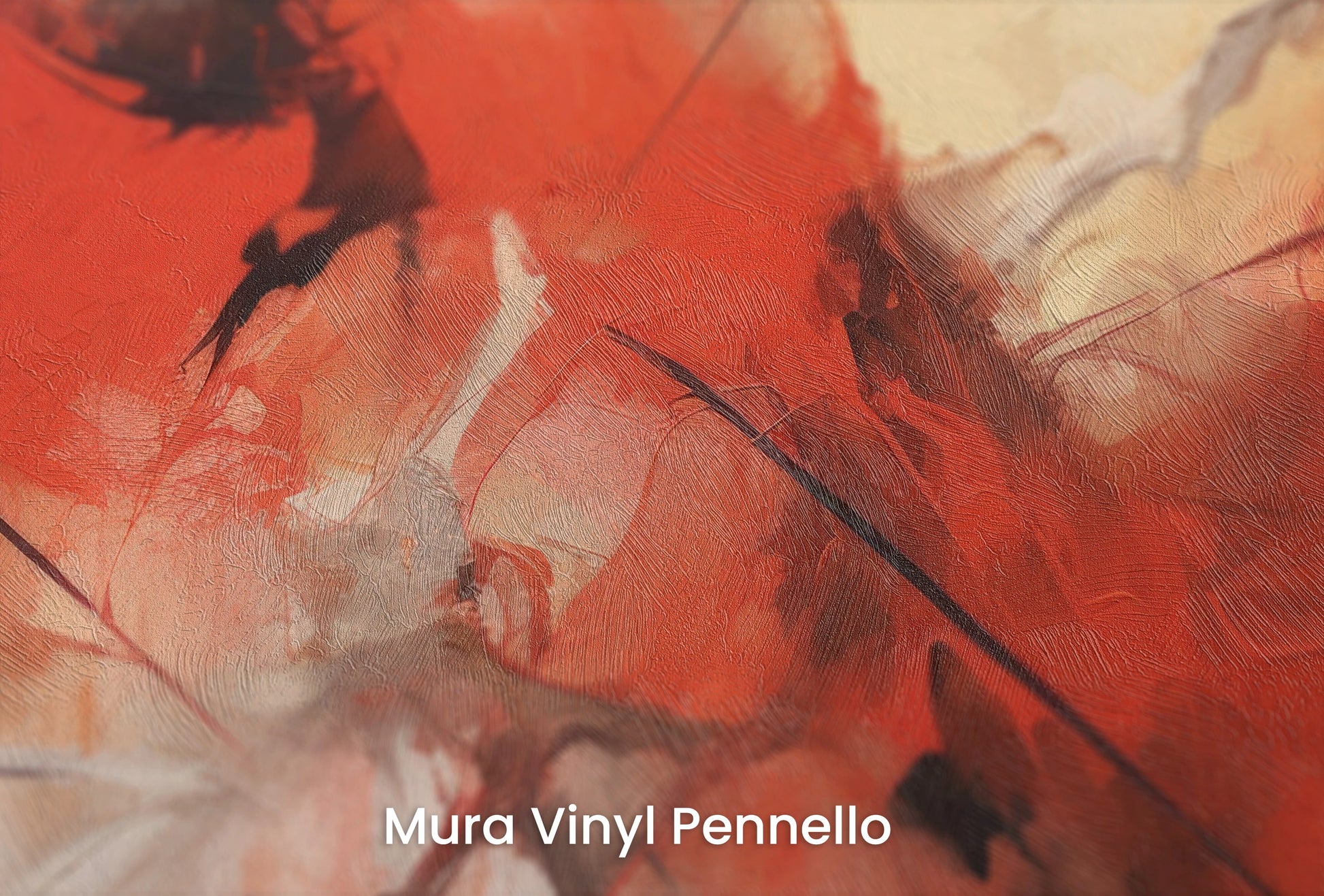 Zbliżenie na artystyczną fototapetę o nazwie Crimson Flow na podłożu Mura Vinyl Pennello - faktura pociągnięć pędzla malarskiego.