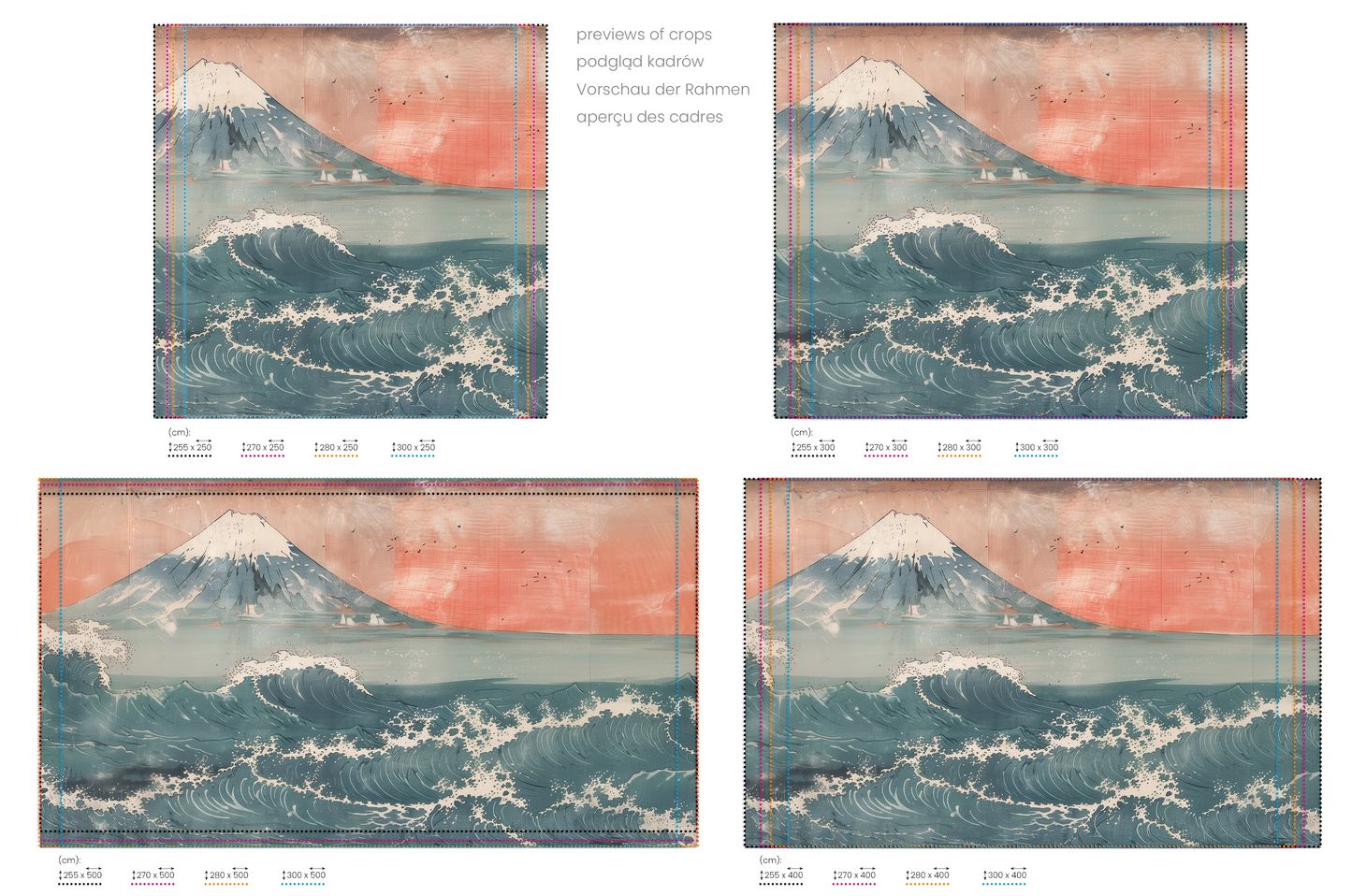 Na obrazie znajduje się prezentacja przykładowych rozmiarów fototapety o nazwie Fuji's Serenity. Rozmiar fototapety jest dowolny.