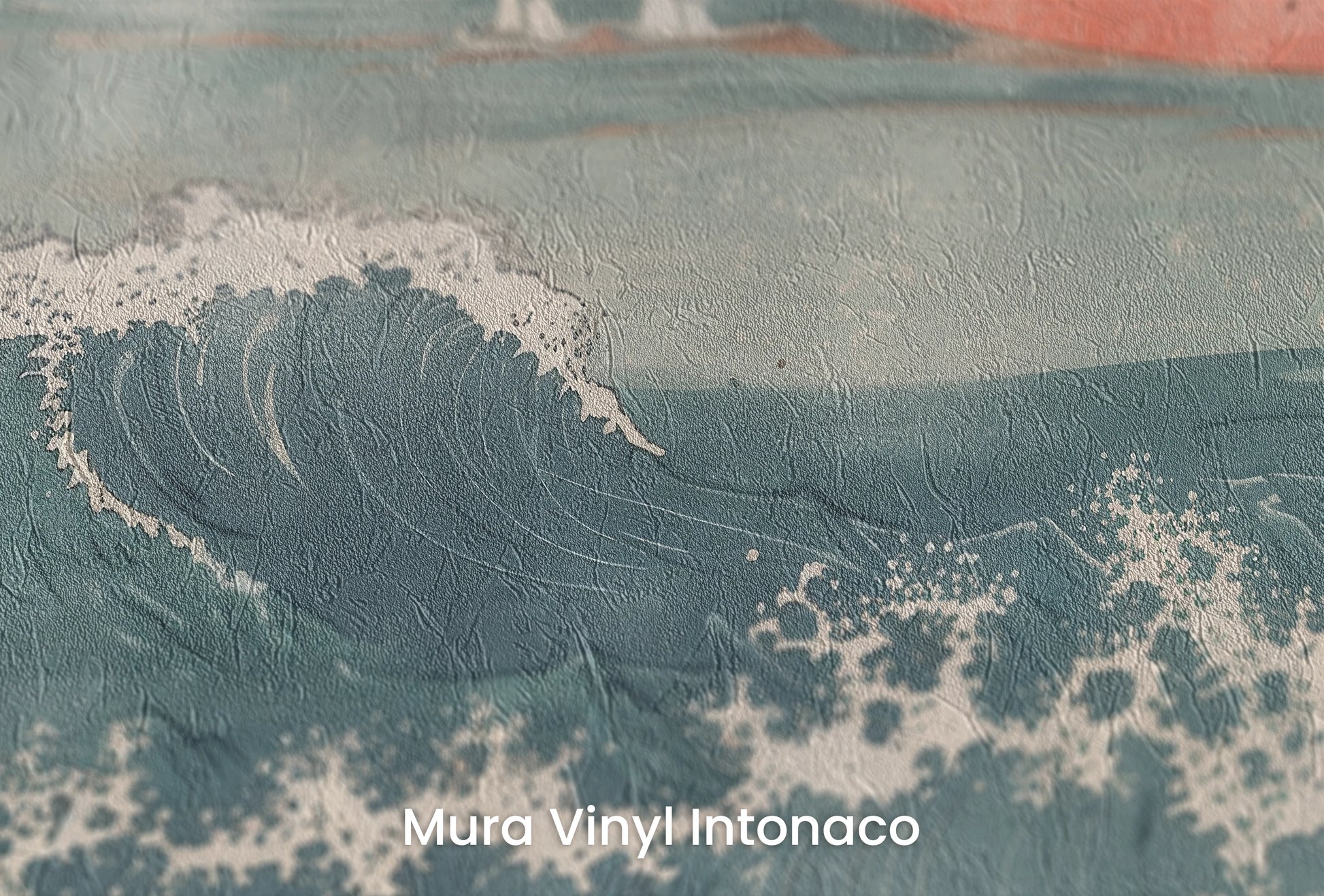 Zbliżenie na artystyczną fototapetę o nazwie Fuji's Serenity na podłożu Mura Vinyl Intonaco - struktura tartego tynku.