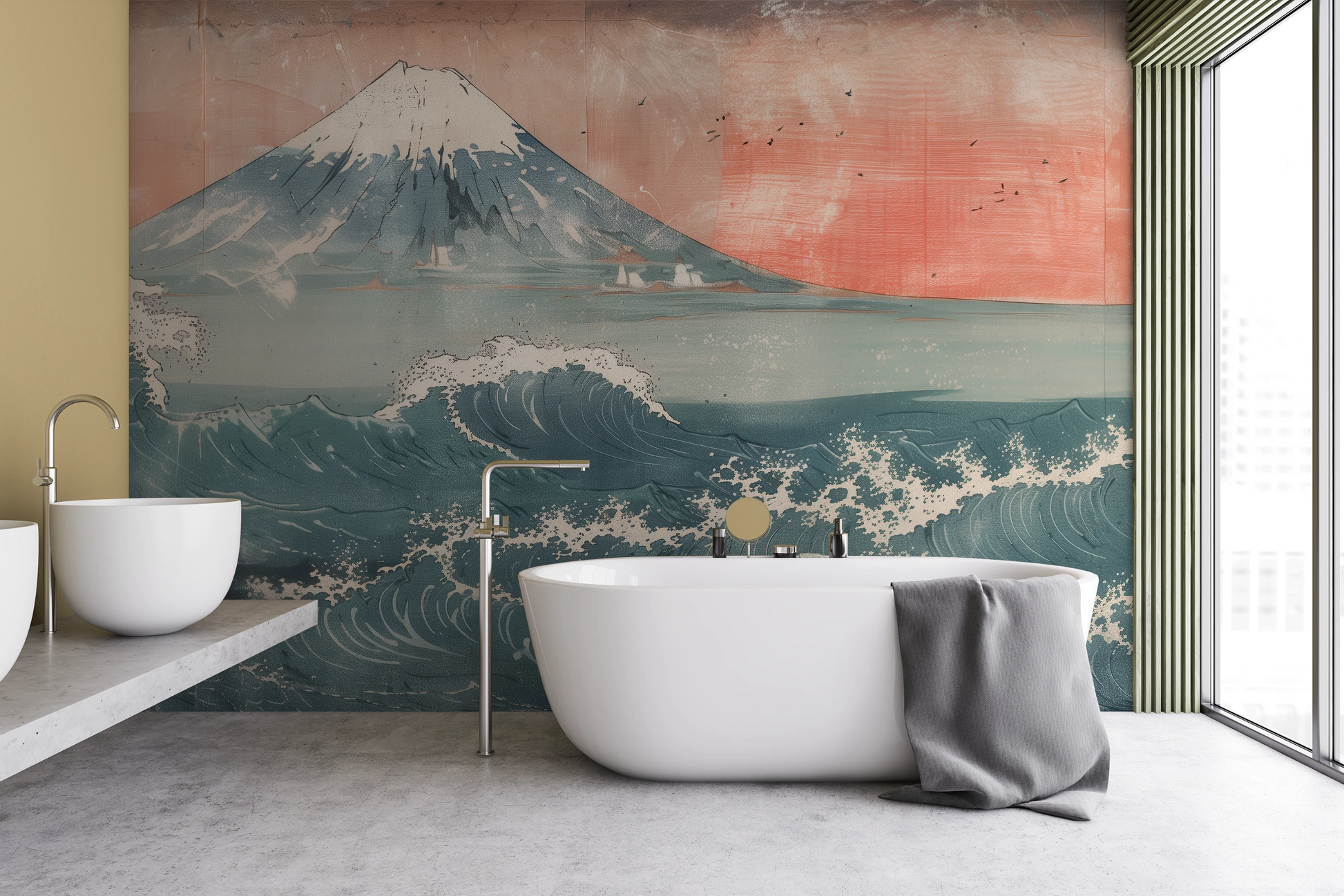 Wzór fototapety artystycznej o nazwie Fuji's Serenity pokazanej w aranżacji wnętrza.