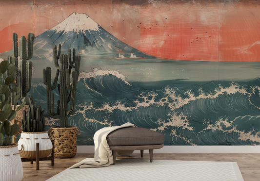 Wzór fototapety artystycznej o nazwie Fuji's Serenity pokazanej w aranżacji wnętrza.