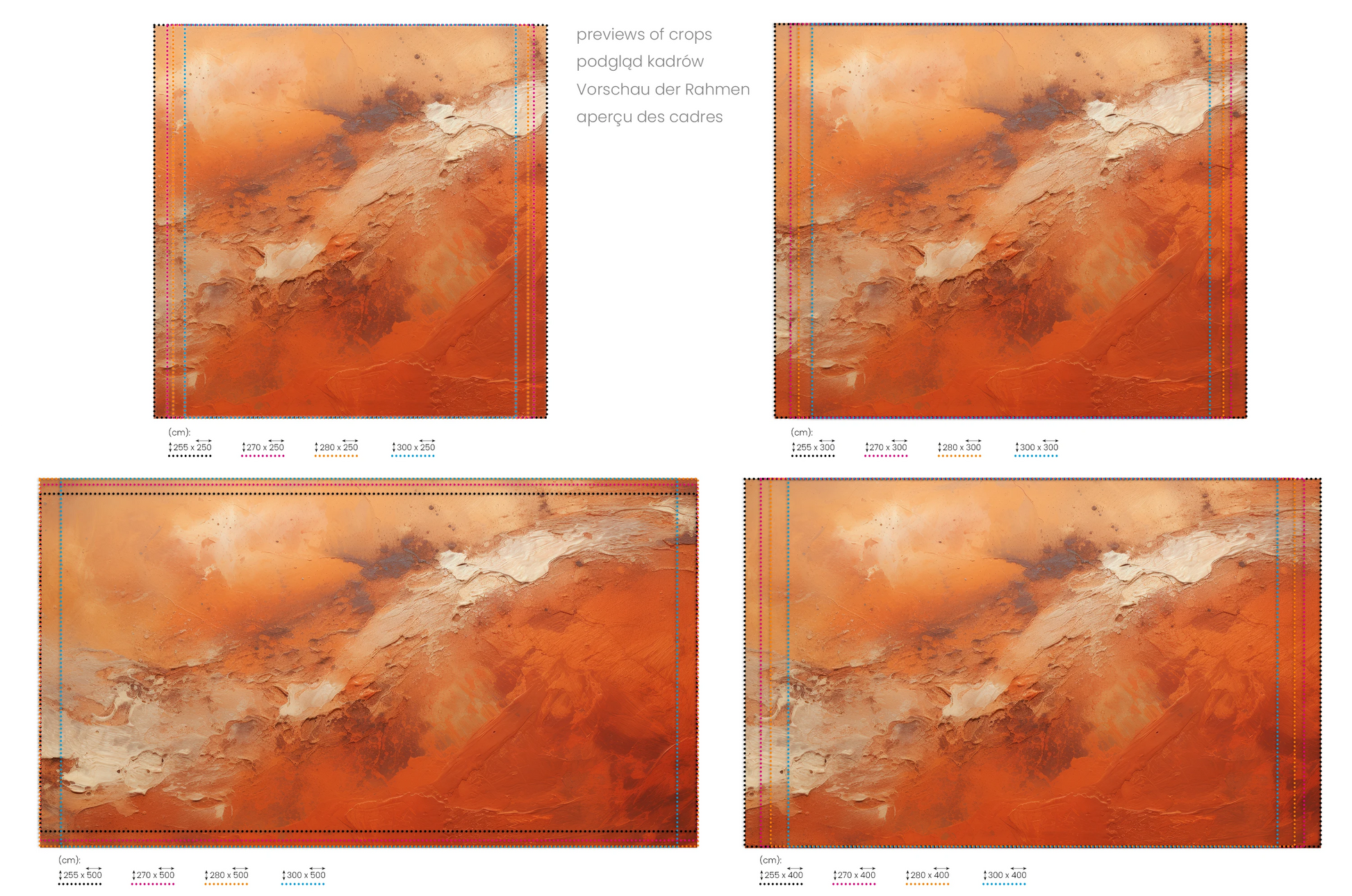 Na obrazie znajduje się prezentacja przykładowych rozmiarów fototapety o nazwie Mars' Warmth. Rozmiar fototapety jest dowolny.