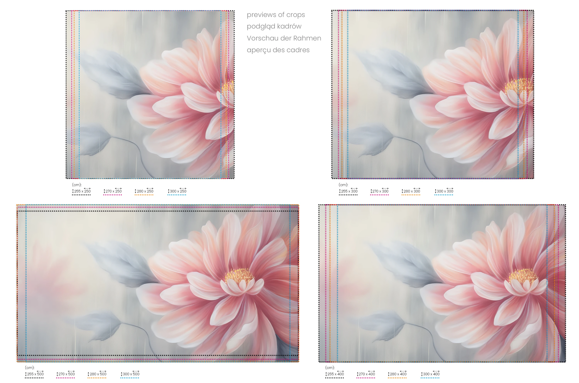 Na obrazie znajduje się prezentacja przykładowych rozmiarów fototapety o nazwie Pink Blossom Dance. Rozmiar fototapety jest dowolny.