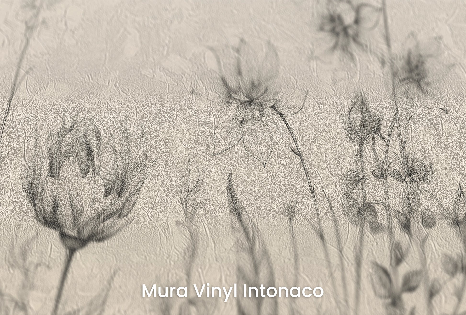 Zbliżenie na artystyczną fototapetę o nazwie Gentle Petals na podłożu Mura Vinyl Intonaco - struktura tartego tynku.