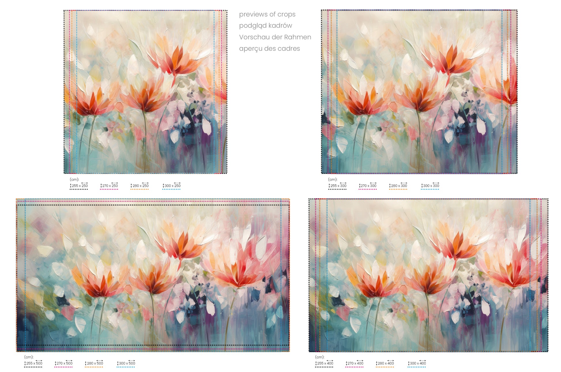 Na obrazie znajduje się prezentacja przykładowych rozmiarów fototapety o nazwie Vibrant Floral Symphony. Rozmiar fototapety jest dowolny.