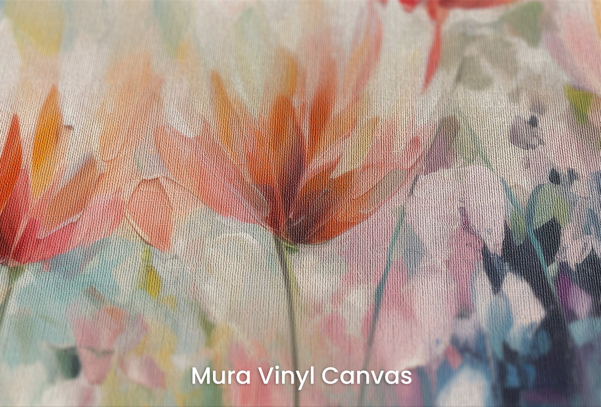 Zbliżenie na artystyczną fototapetę o nazwie Vibrant Floral Symphony na podłożu Mura Vinyl Canvas - faktura naturalnego płótna.