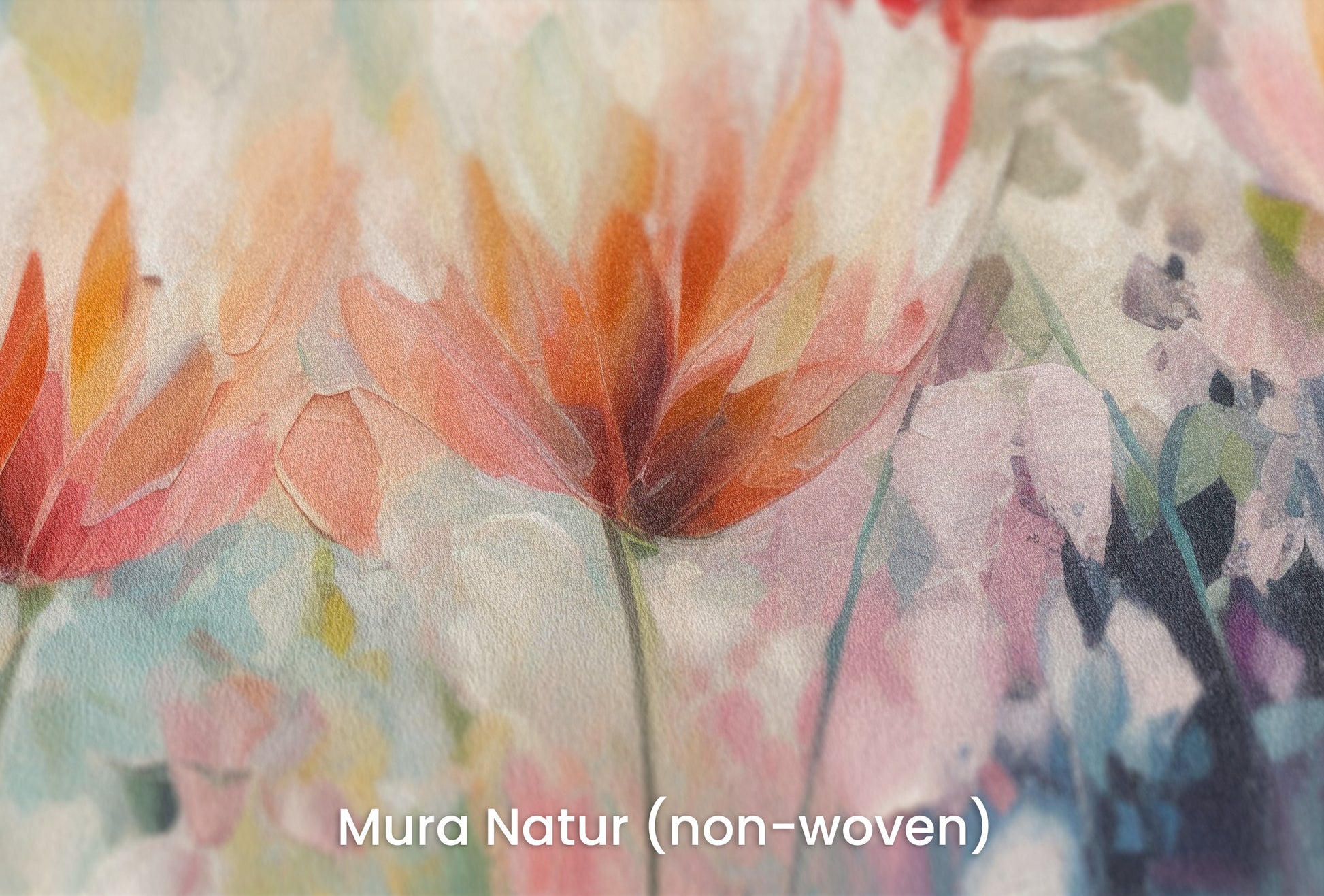 Zbliżenie na artystyczną fototapetę o nazwie Vibrant Floral Symphony na podłożu Mura Natur (non-woven) - naturalne i ekologiczne podłoże.