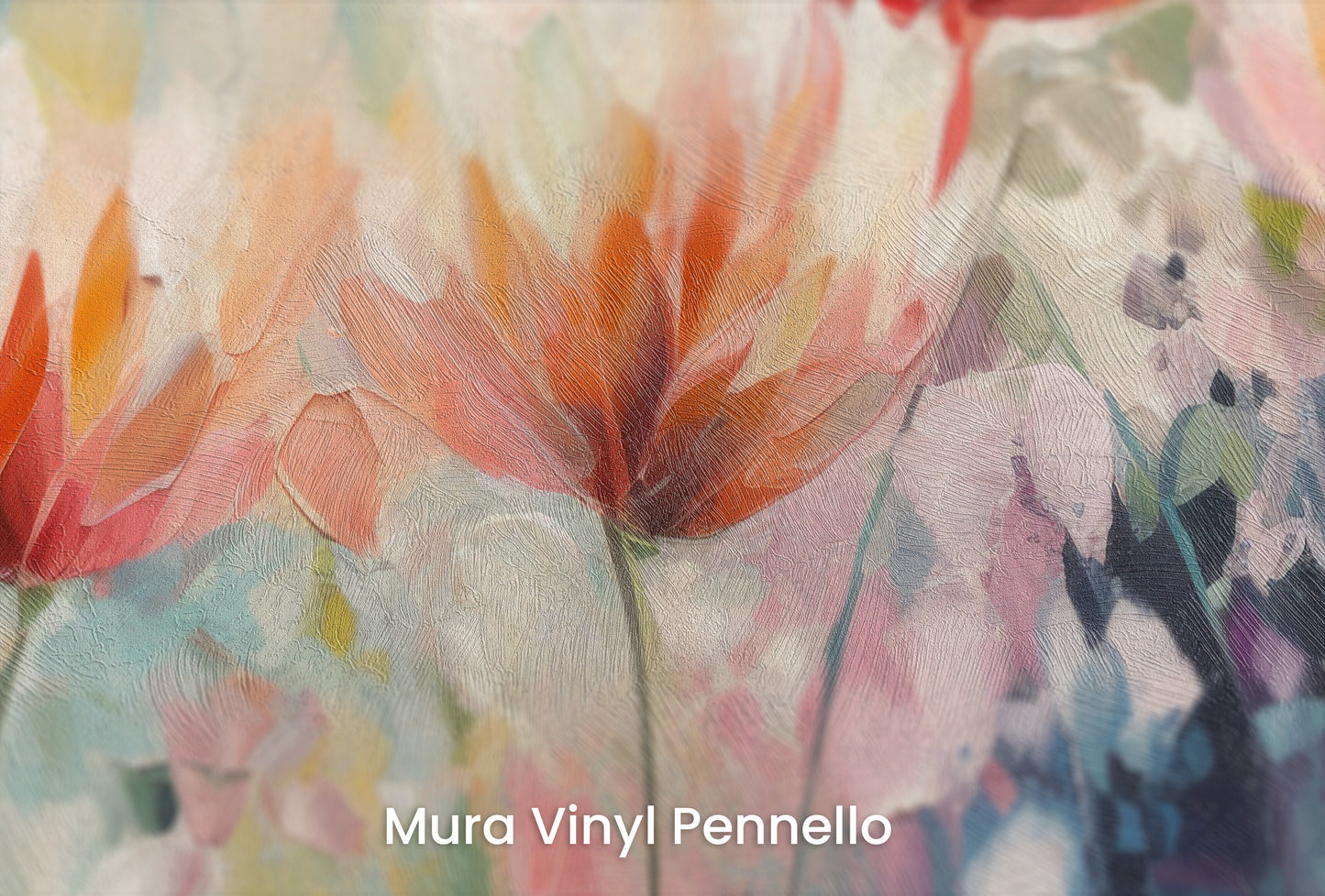 Zbliżenie na artystyczną fototapetę o nazwie Vibrant Floral Symphony na podłożu Mura Vinyl Pennello - faktura pociągnięć pędzla malarskiego.