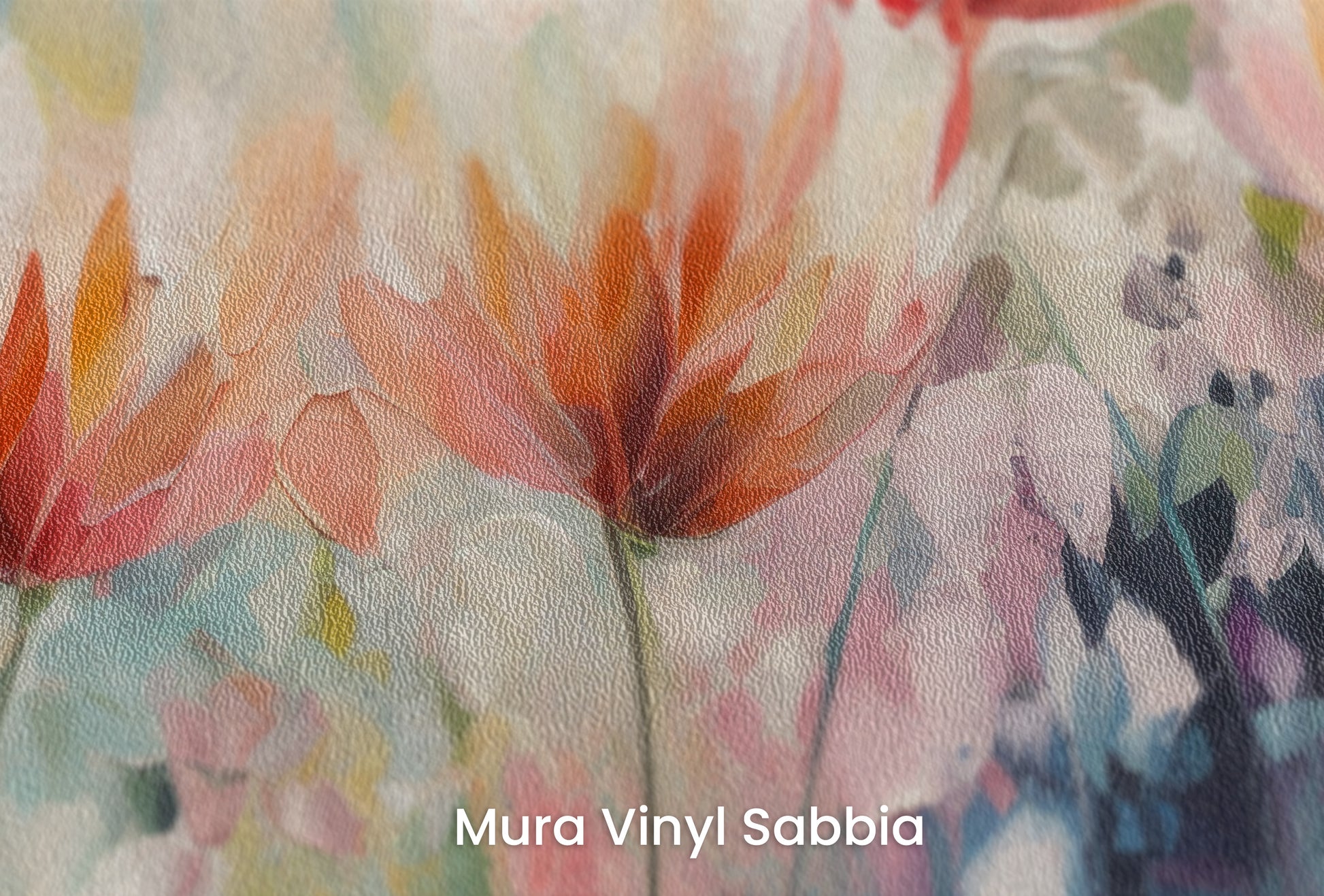 Zbliżenie na artystyczną fototapetę o nazwie Vibrant Floral Symphony na podłożu Mura Vinyl Sabbia struktura grubego ziarna piasku.