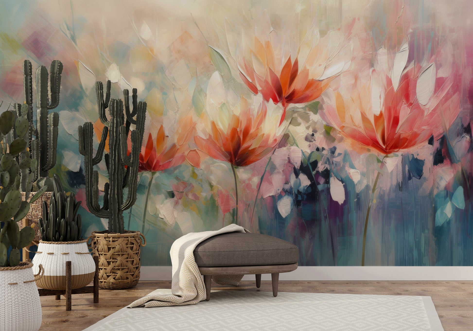 Zdjęcie prezentuje aranżację wnętrza z użyciem fototapety o nazwie Vibrant Floral Symphony pokazanej w aranżacji wnętrza.