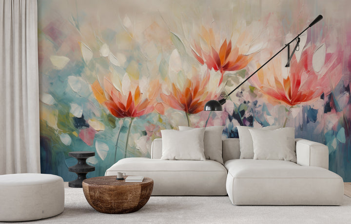 Wzór fototapety artystycznej o nazwie Vibrant Floral Symphony pokazanej w aranżacji wnętrza.