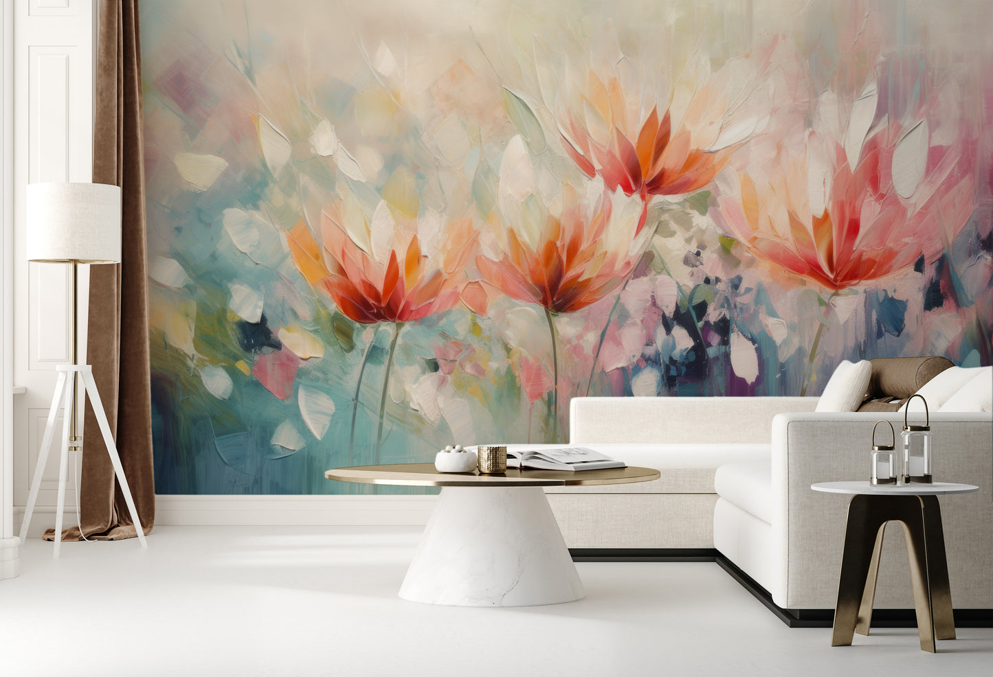 Wzór fototapety malowanej o nazwie Vibrant Floral Symphony pokazanej w aranżacji wnętrza.