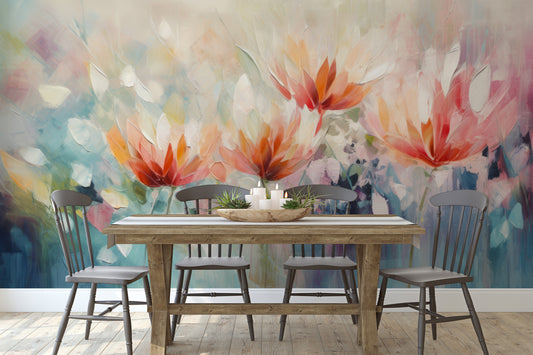 Wzór fototapety artystycznej o nazwie Vibrant Floral Symphony pokazanej w aranżacji wnętrza.