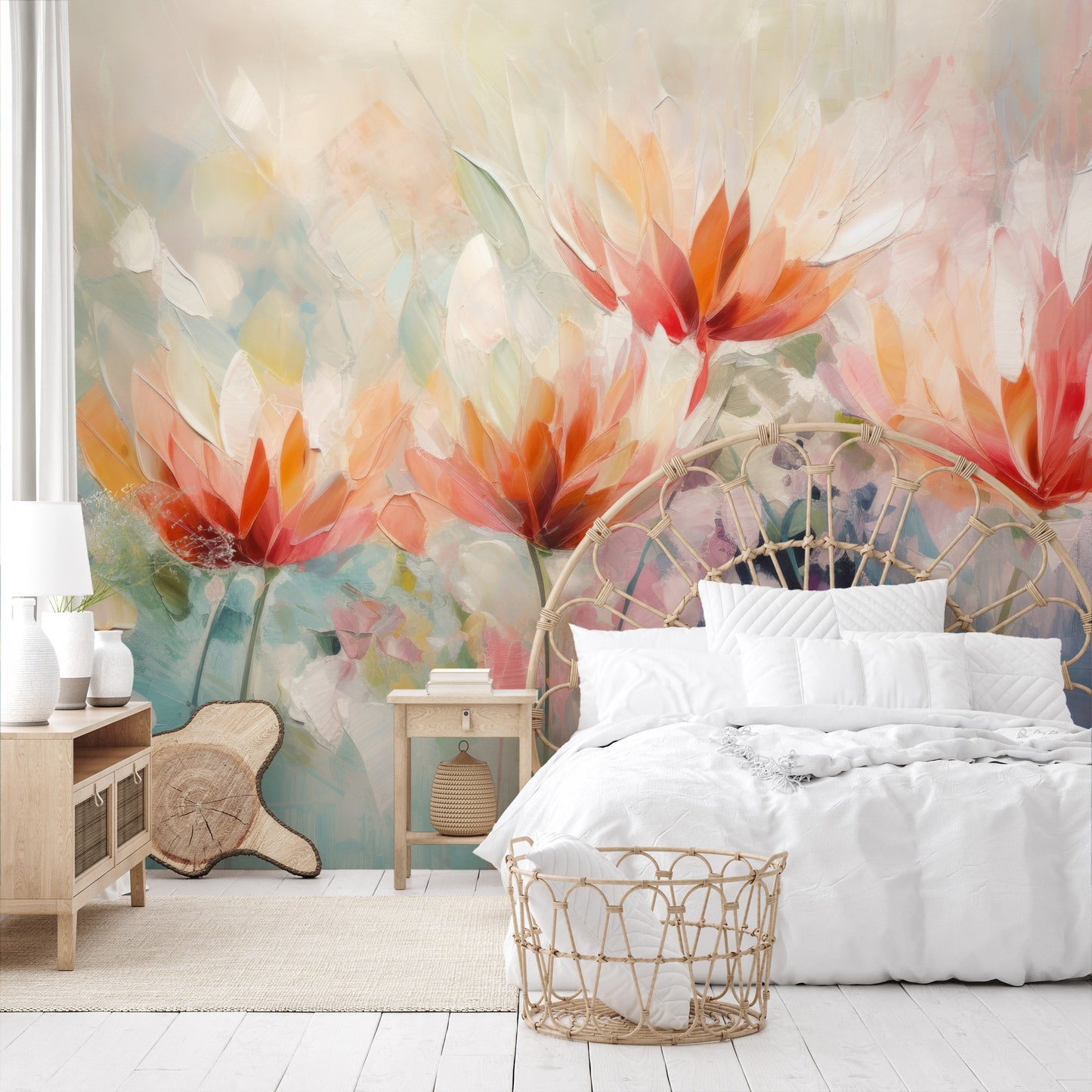Wzór fototapety o nazwie Vibrant Floral Symphony pokazanej w kontekście pomieszczenia.