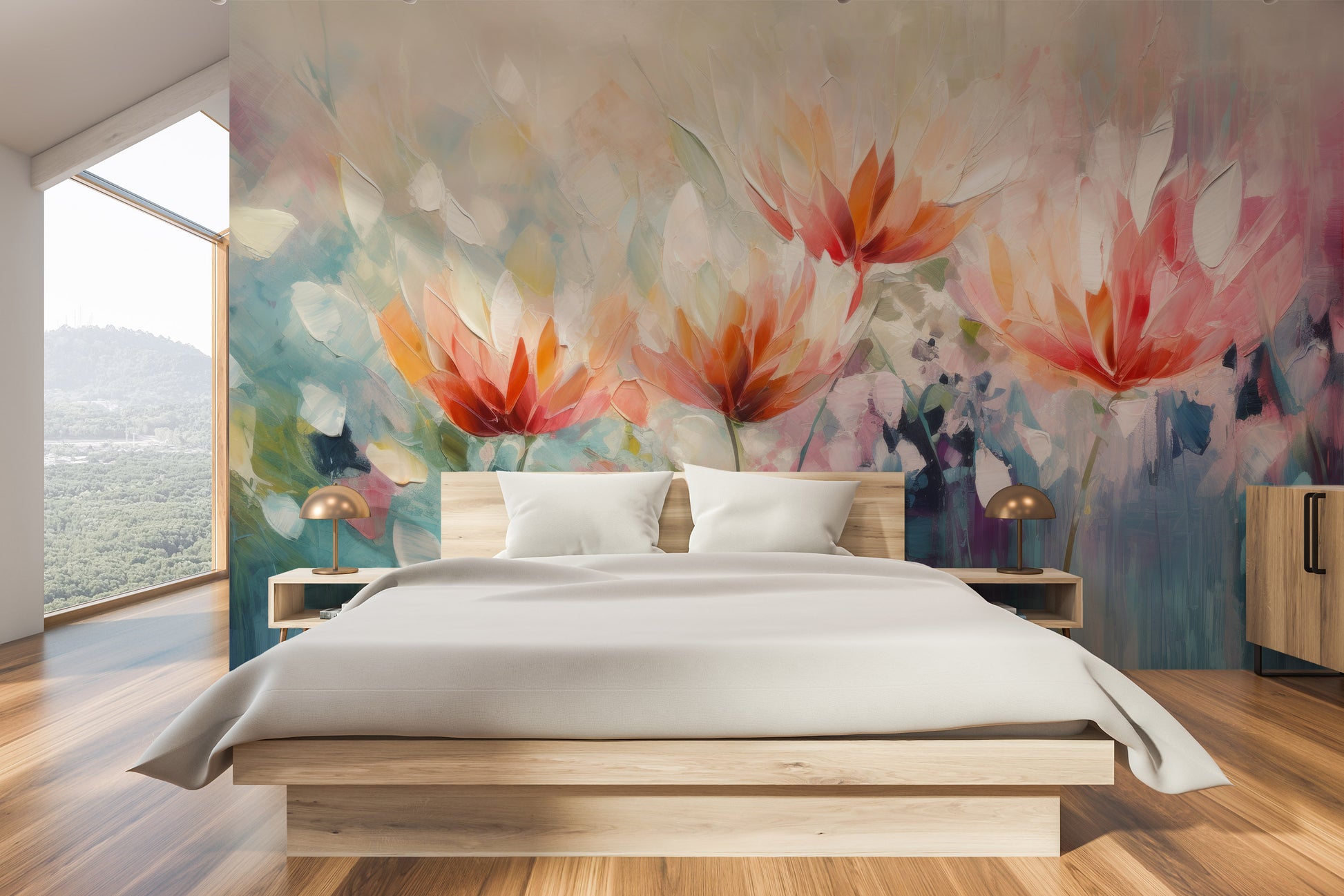 Fototapeta malowana o nazwie Vibrant Floral Symphony pokazana w aranżacji wnętrza.
