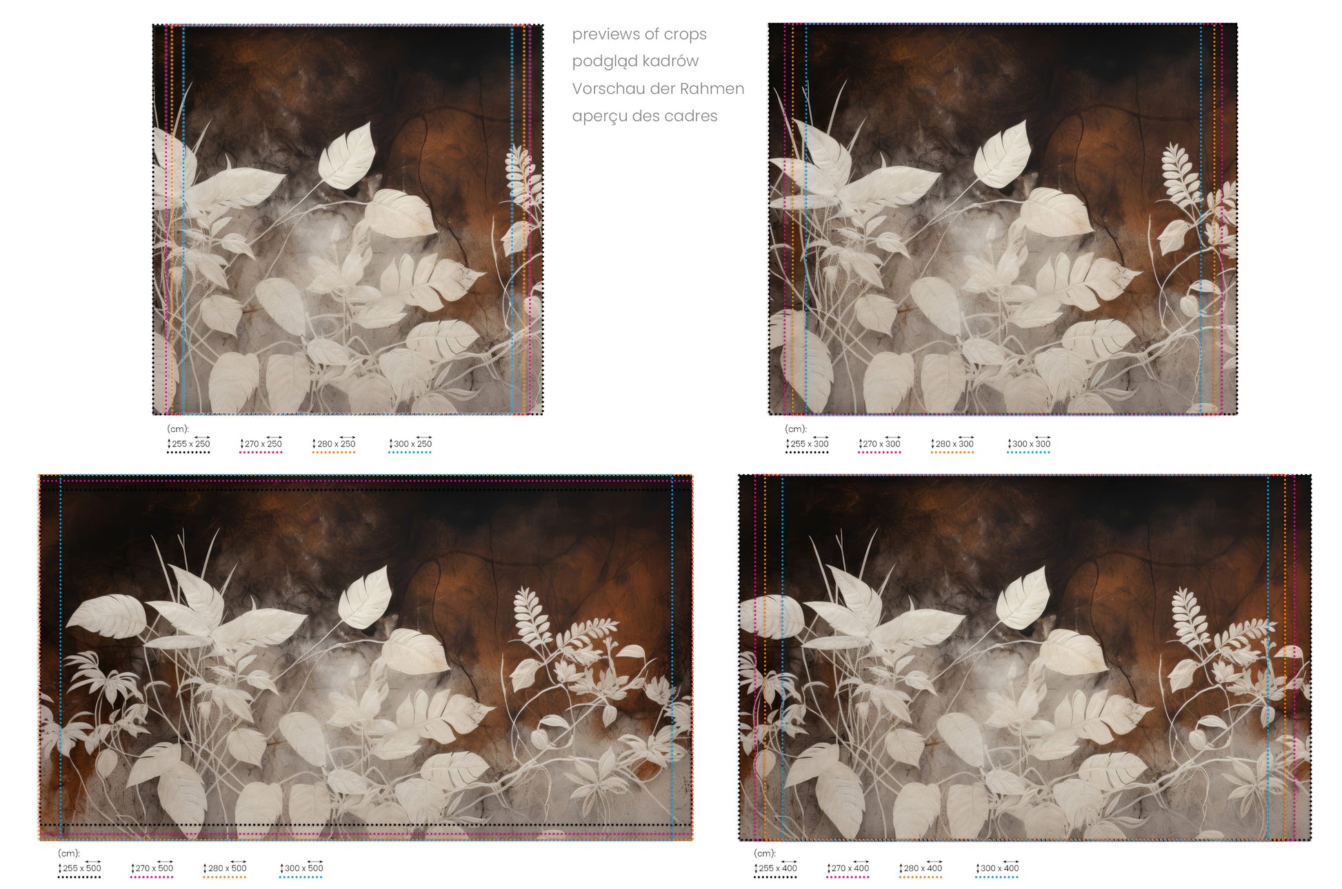 Na obrazie znajduje się prezentacja przykładowych rozmiarów fototapety o nazwie Floral Haze. Rozmiar fototapety jest dowolny.