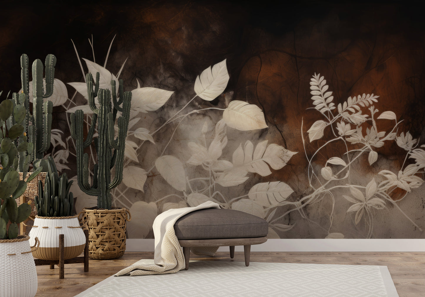 Wzór fototapety malowanej o nazwie Floral Haze pokazanej w aranżacji wnętrza.