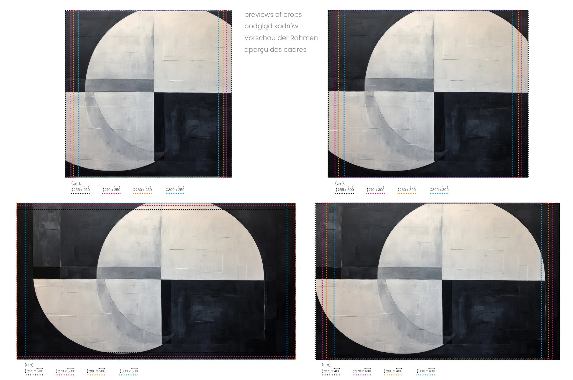 Na obrazie znajduje się prezentacja przykładowych rozmiarów fototapety o nazwie Lunar Contrast. Rozmiar fototapety jest dowolny.