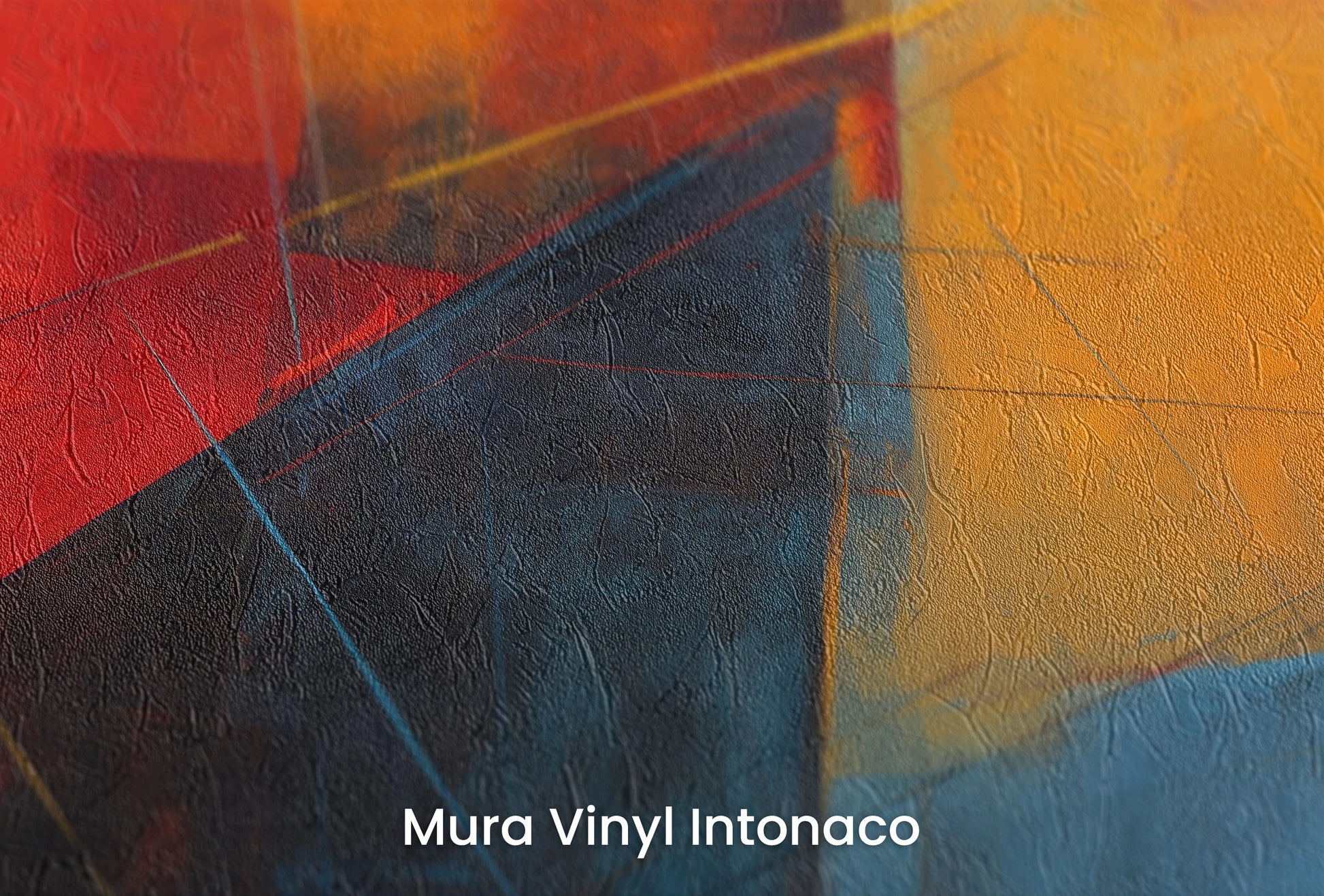 Zbliżenie na artystyczną fototapetę o nazwie Fiery Geometry na podłożu Mura Vinyl Intonaco - struktura tartego tynku.