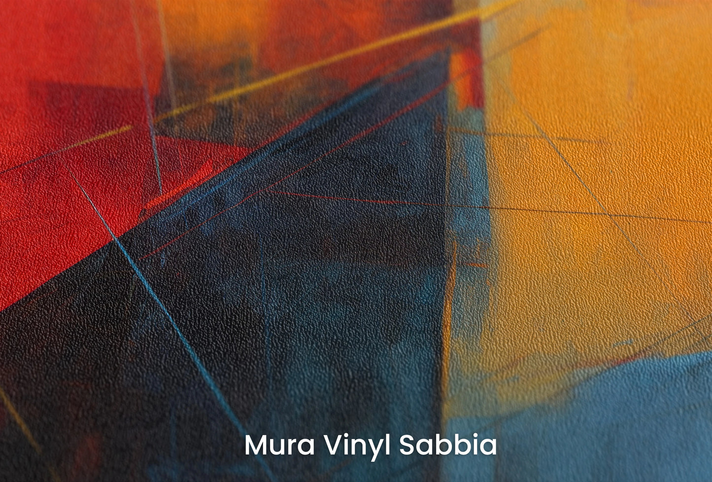 Zbliżenie na artystyczną fototapetę o nazwie Fiery Geometry na podłożu Mura Vinyl Sabbia struktura grubego ziarna piasku.