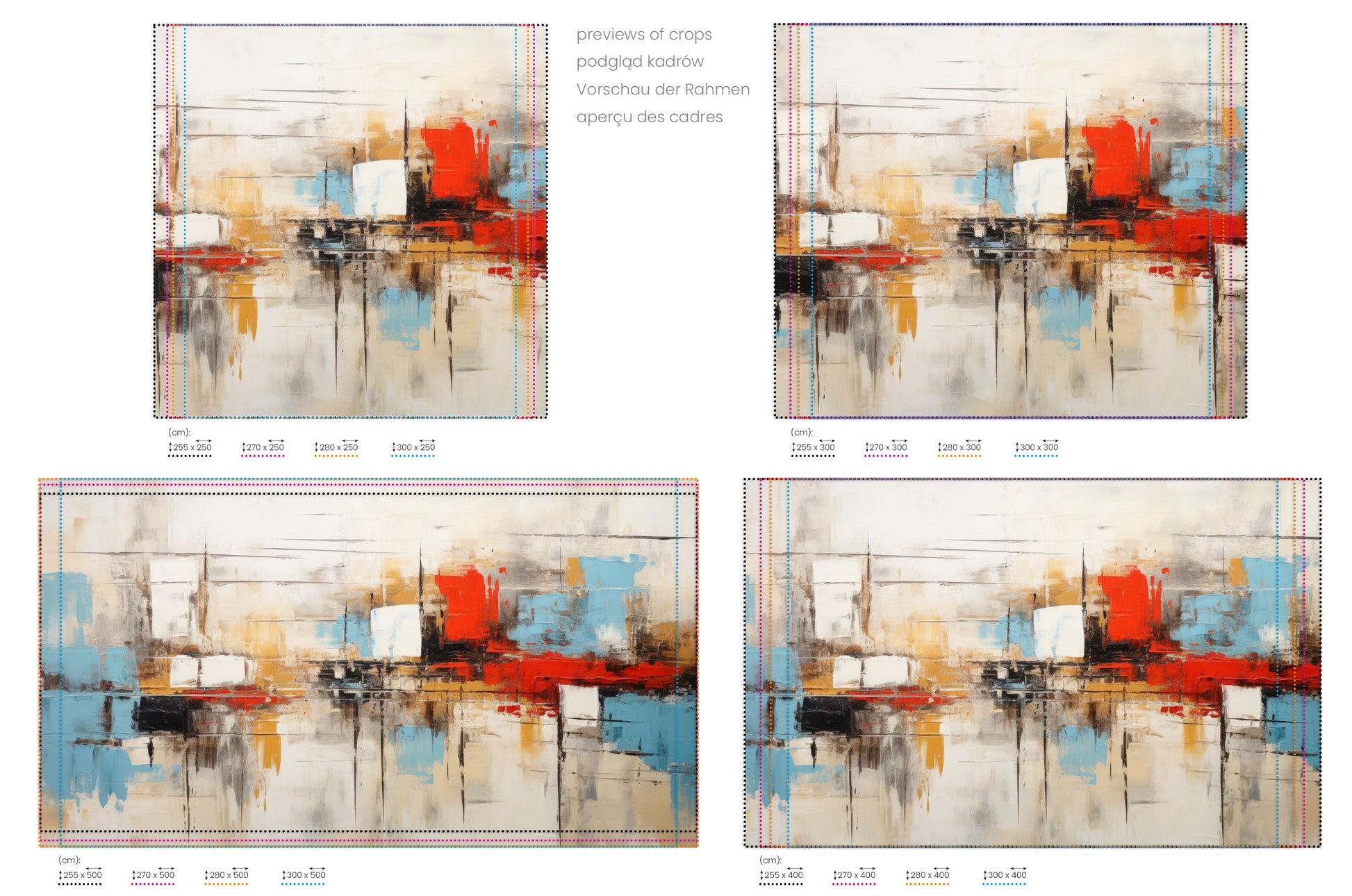 Na obrazie znajduje się prezentacja przykładowych rozmiarów fototapety o nazwie Urban Canvas #3. Rozmiar fototapety jest dowolny.