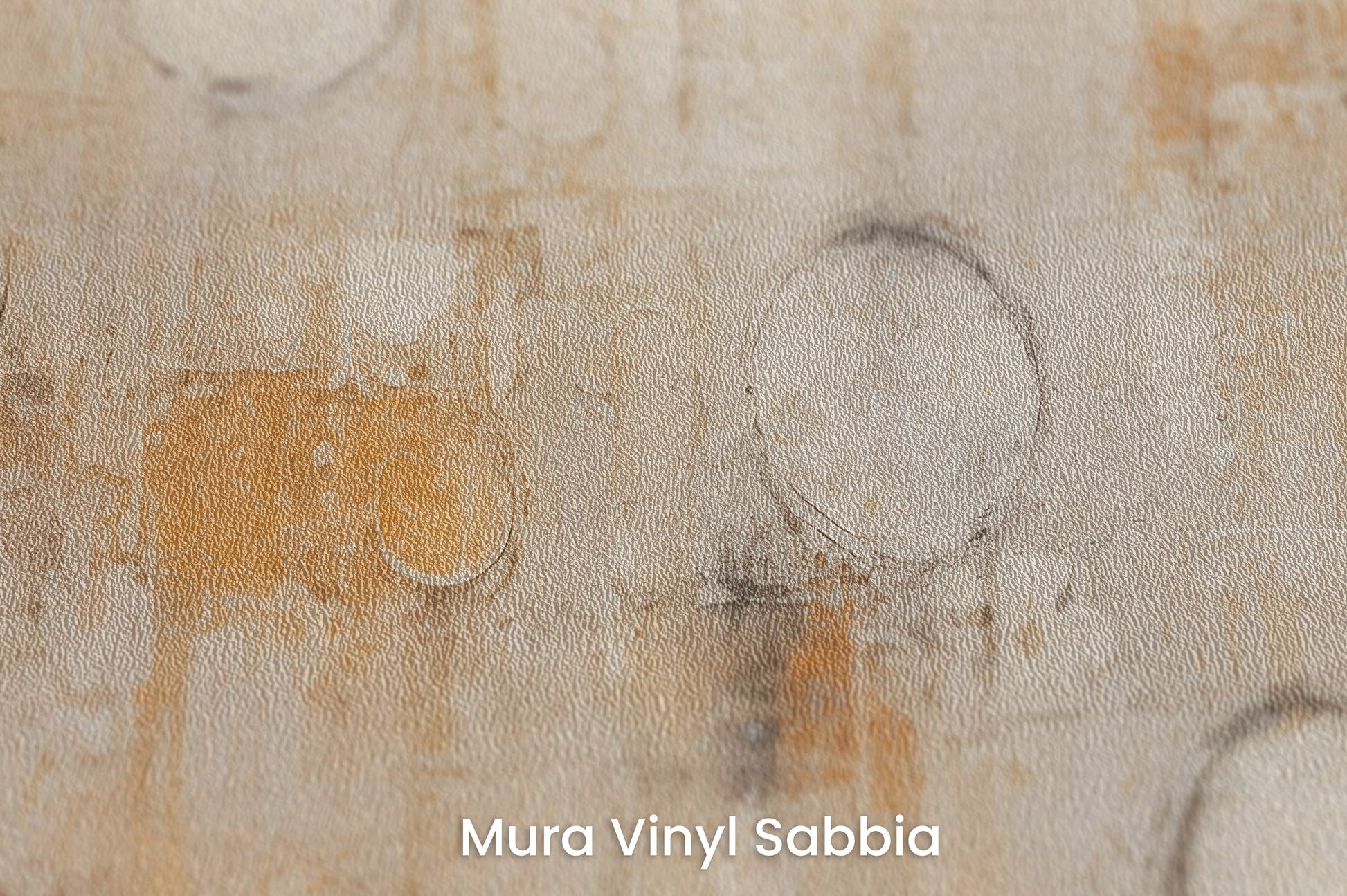 Zbliżenie na artystyczną fototapetę o nazwie RUSTIC ORBITAL IMPRESSIONS na podłożu Mura Vinyl Sabbia struktura grubego ziarna piasku.