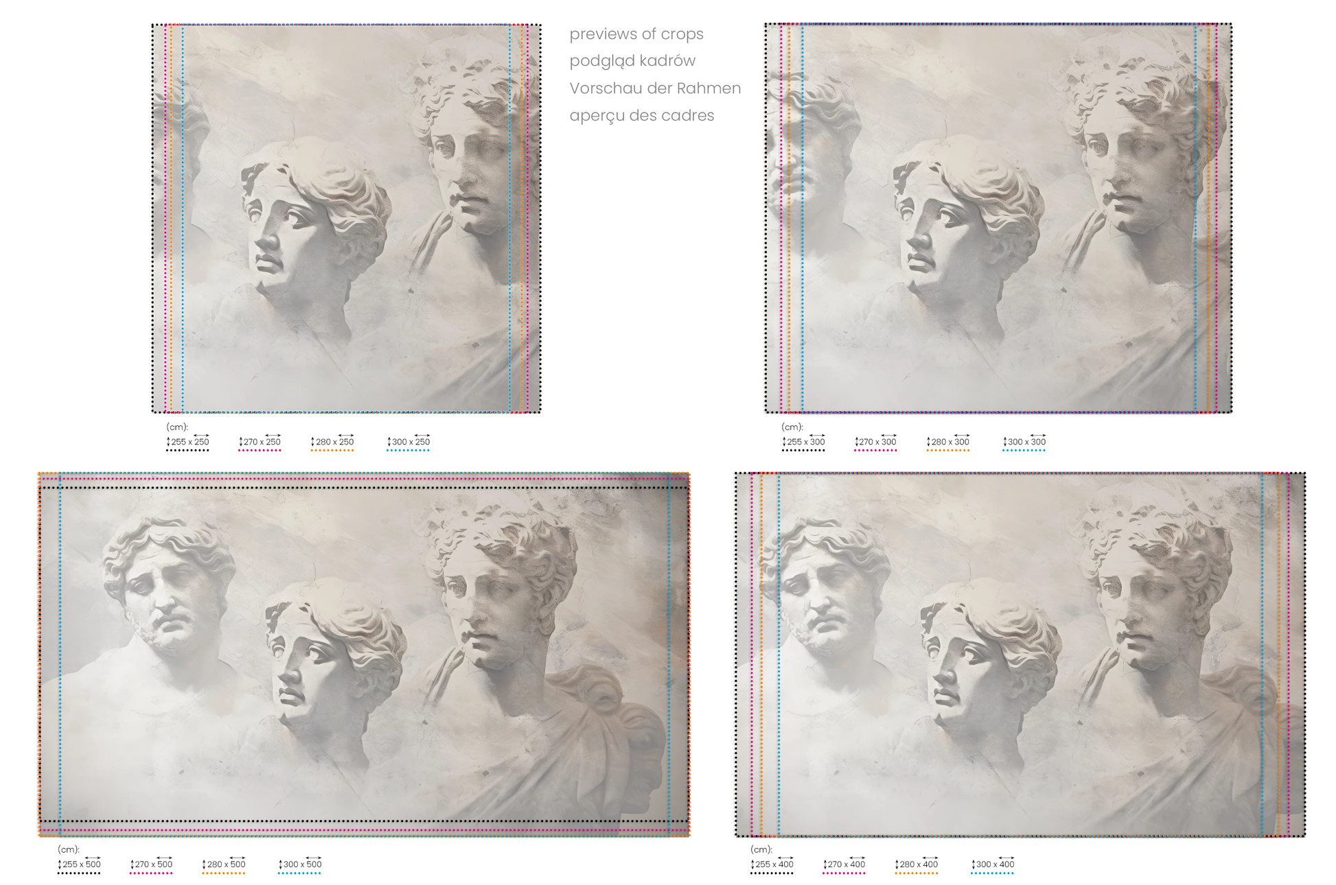 Na obrazie znajduje się prezentacja przykładowych rozmiarów fototapety o nazwie Apollo and Daphne. Rozmiar fototapety jest dowolny.