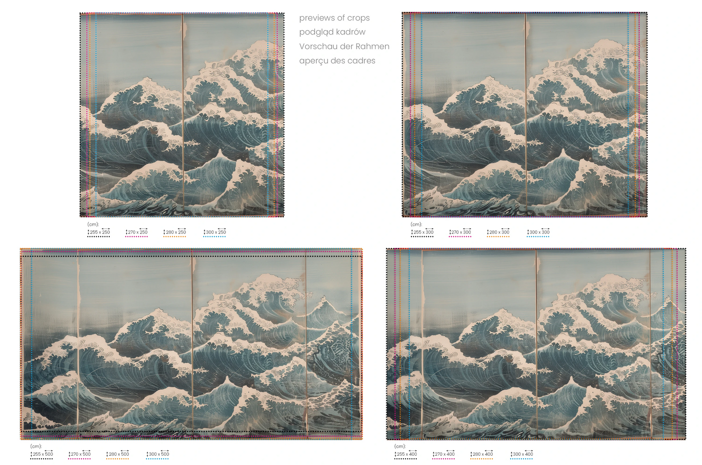 Na obrazie znajduje się prezentacja przykładowych rozmiarów fototapety o nazwie Snowy Peak Waves. Rozmiar fototapety jest dowolny.