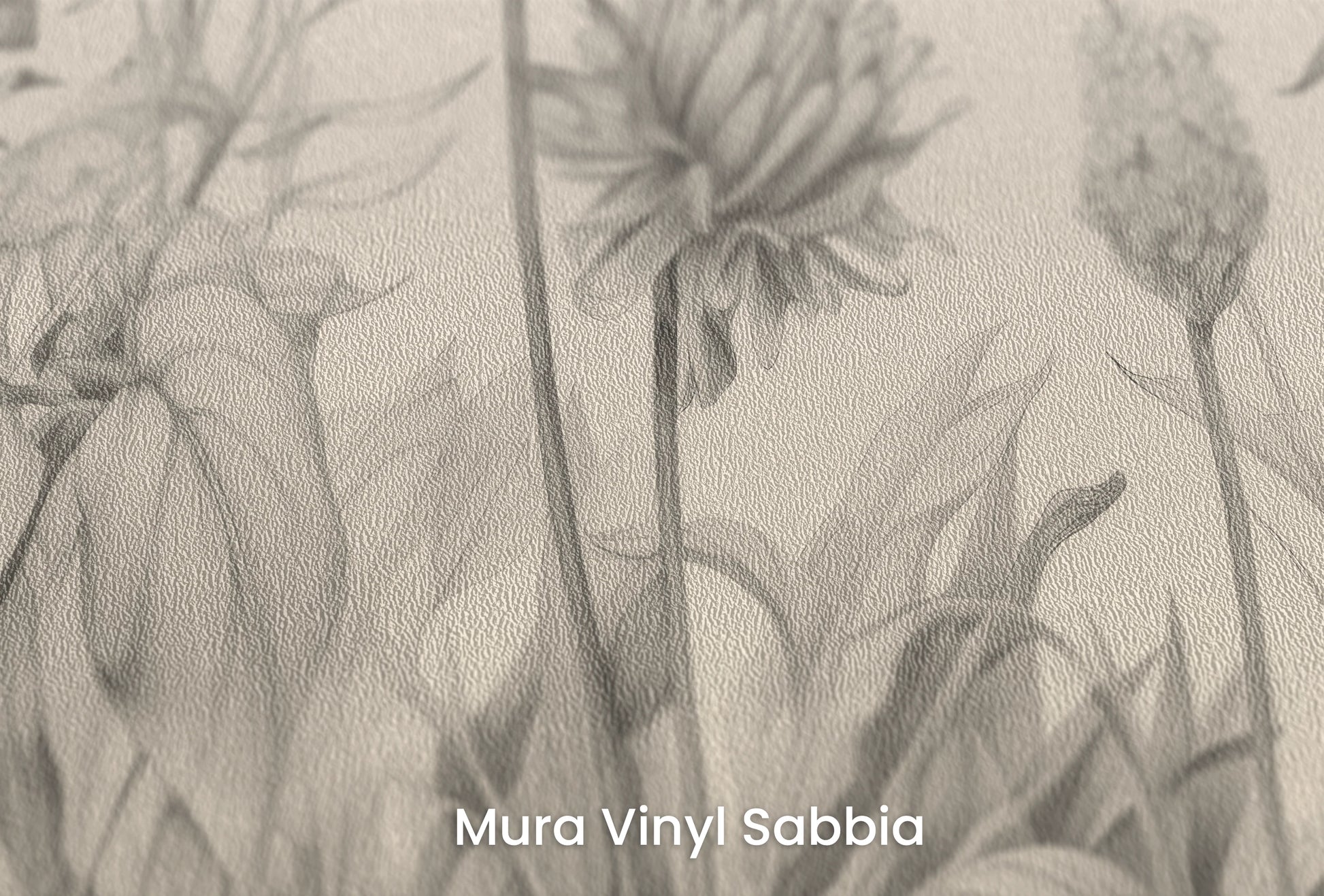 Zbliżenie na artystyczną fototapetę o nazwie Delicate Flora na podłożu Mura Vinyl Sabbia struktura grubego ziarna piasku.