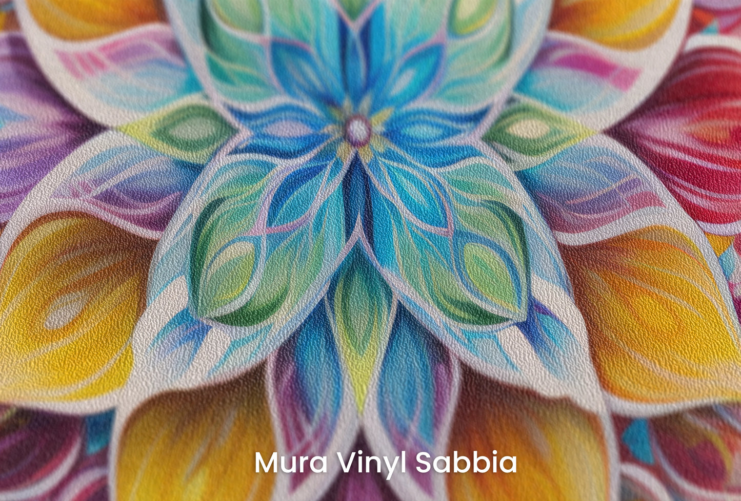 Zbliżenie na artystyczną fototapetę o nazwie Harmonic Lotus na podłożu Mura Vinyl Sabbia struktura grubego ziarna piasku.
