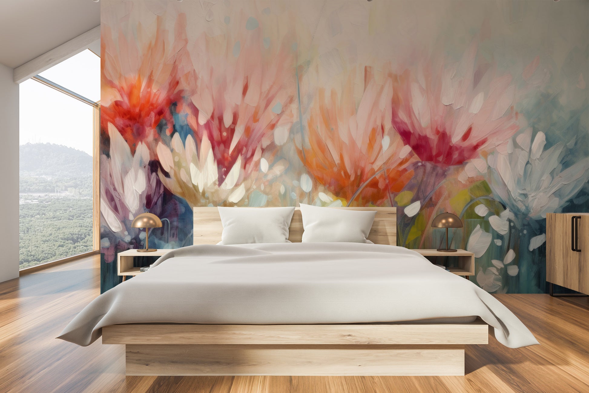 Fototapeta malowana o nazwie Fiery Petal Fusion pokazana w aranżacji wnętrza.
