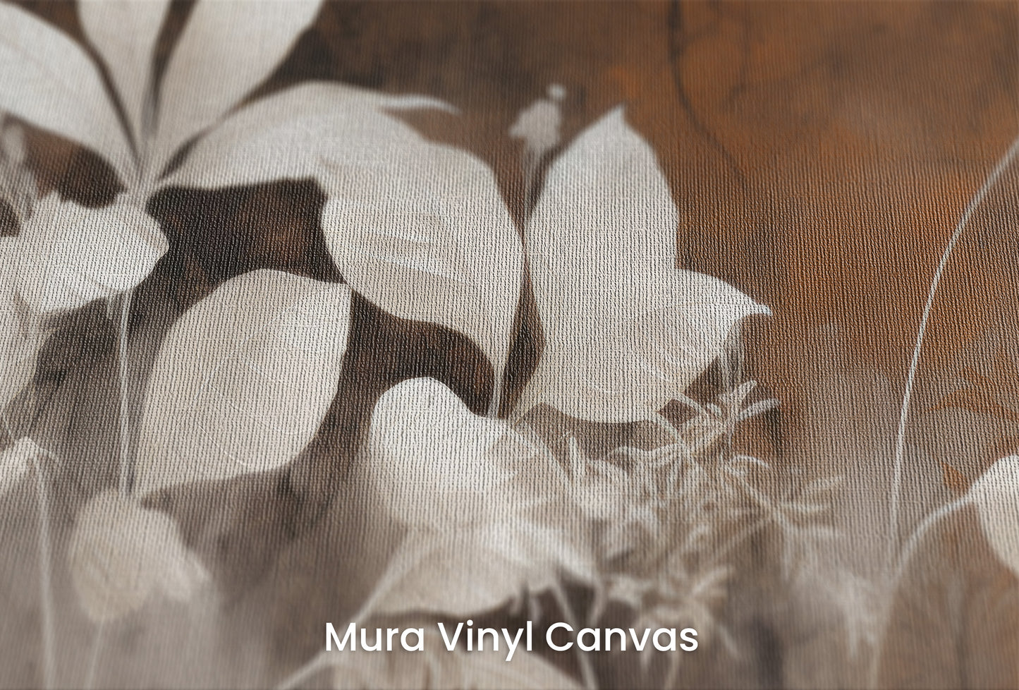 Zbliżenie na artystyczną fototapetę o nazwie Bronze Leaf Silhouettes na podłożu Mura Vinyl Canvas - faktura naturalnego płótna.