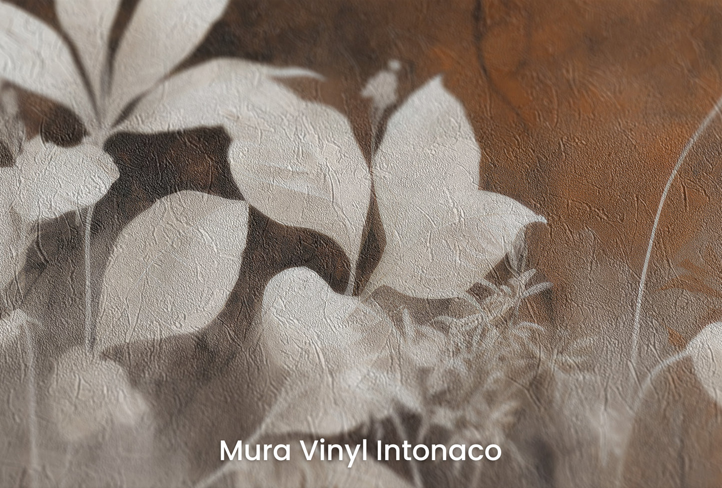 Zbliżenie na artystyczną fototapetę o nazwie Bronze Leaf Silhouettes na podłożu Mura Vinyl Intonaco - struktura tartego tynku.