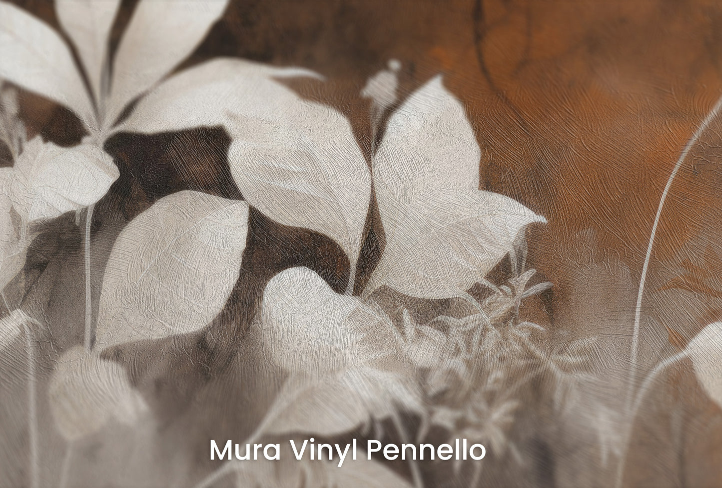 Zbliżenie na artystyczną fototapetę o nazwie Bronze Leaf Silhouettes na podłożu Mura Vinyl Pennello - faktura pociągnięć pędzla malarskiego.