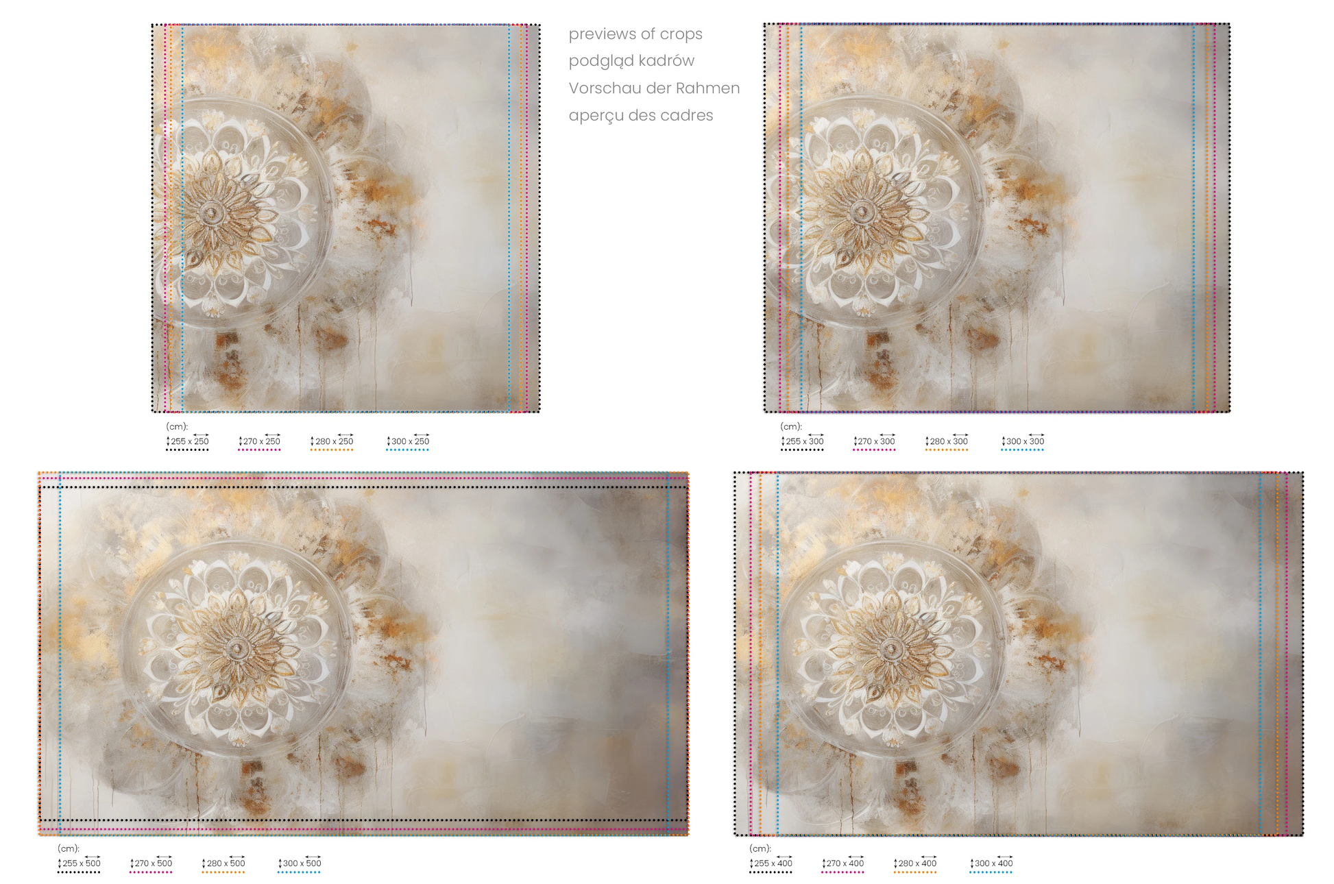 Na obrazie znajduje się prezentacja przykładowych rozmiarów fototapety o nazwie Timeless Mandala. Rozmiar fototapety jest dowolny.