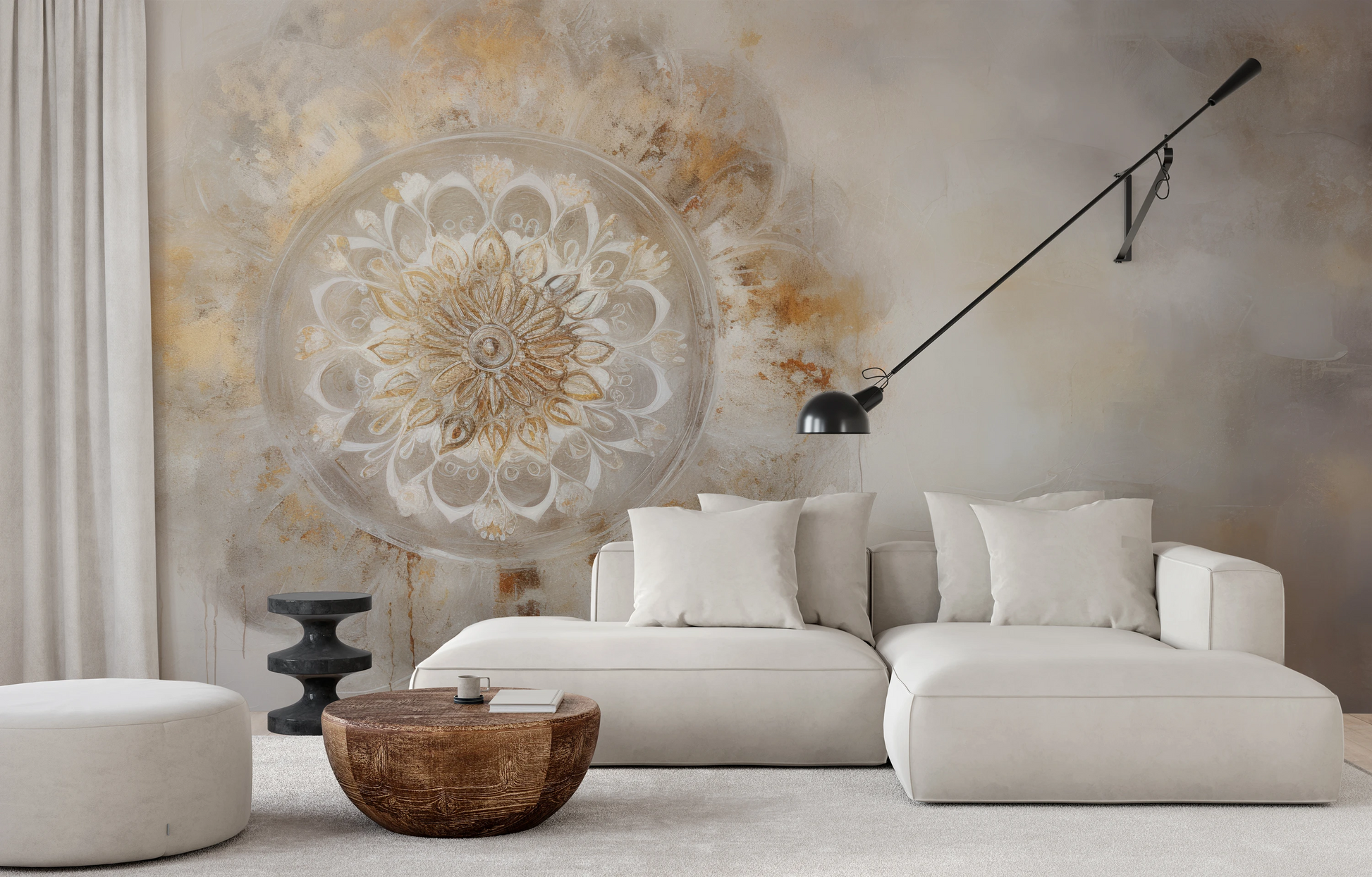 Wzór fototapety o nazwie Timeless Mandala pokazanej w kontekście pomieszczenia.