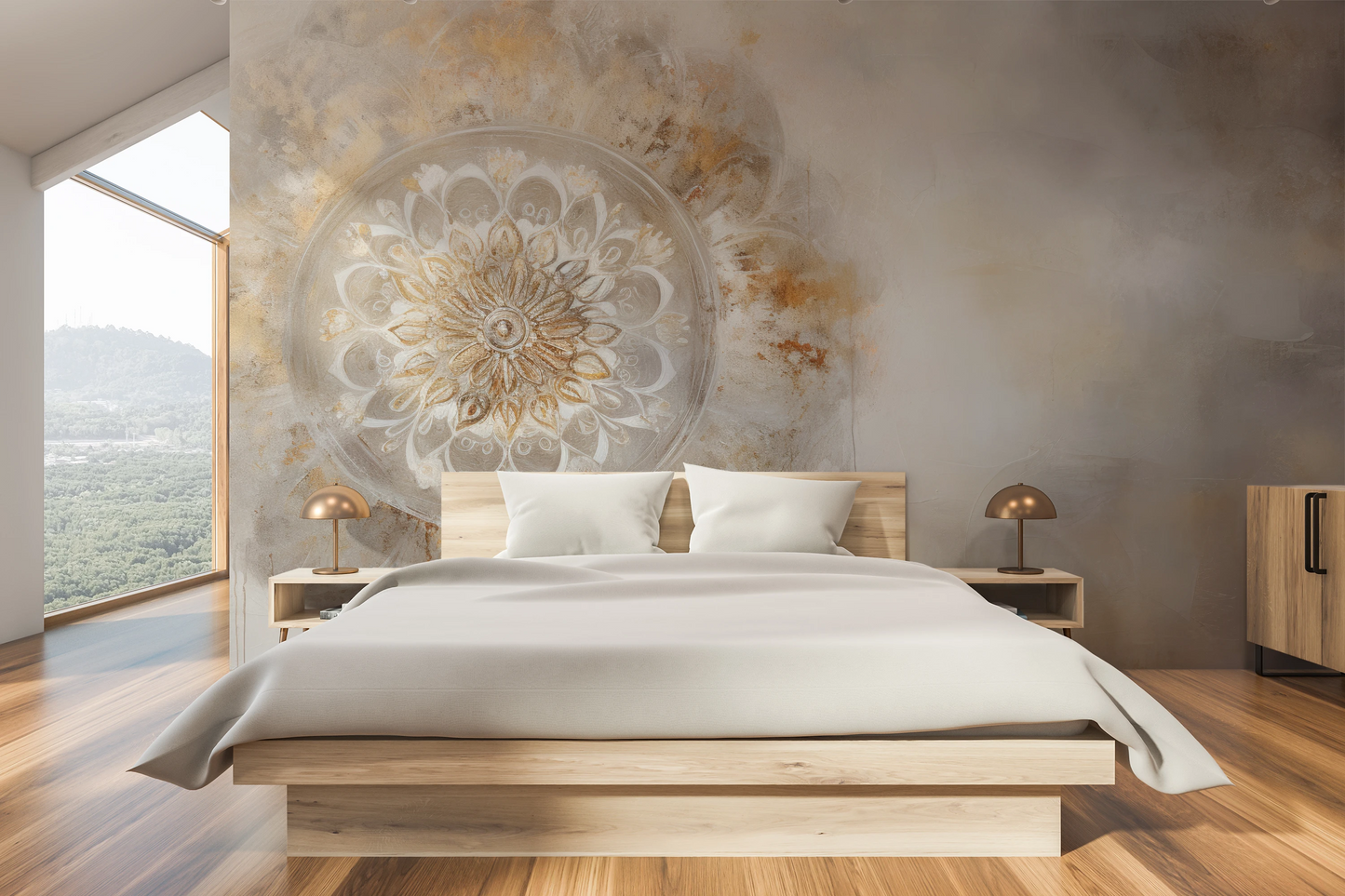 Wzór fototapety artystycznej o nazwie Timeless Mandala pokazanej w aranżacji wnętrza.