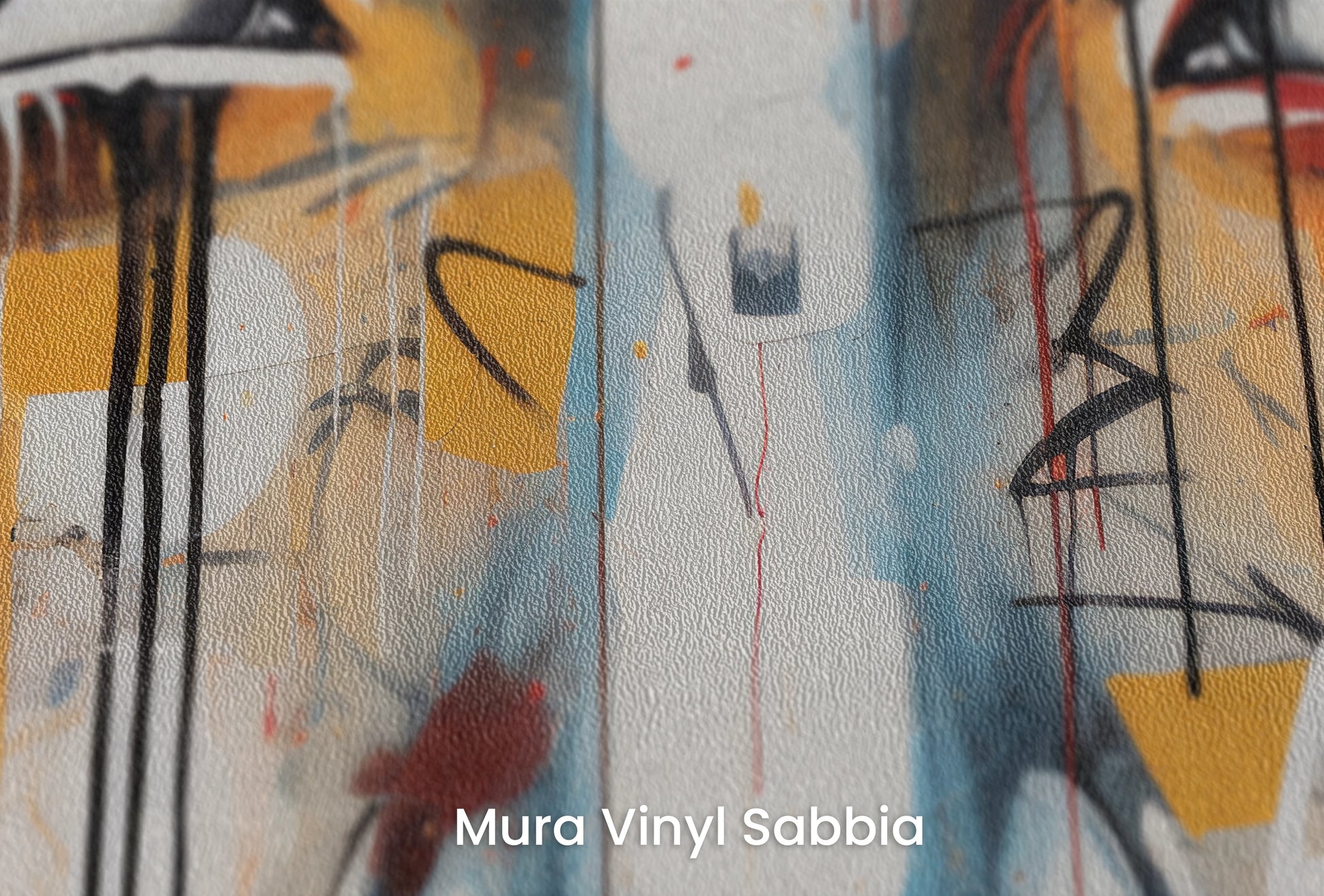 Zbliżenie na artystyczną fototapetę o nazwie Urban Gaze Fragment na podłożu Mura Vinyl Sabbia struktura grubego ziarna piasku.