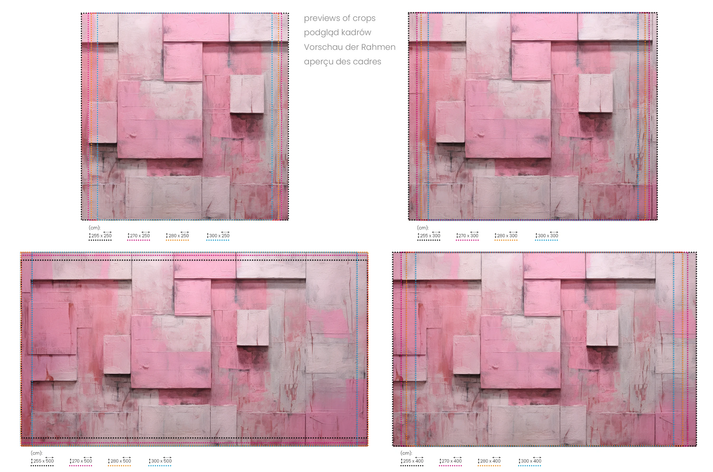 Na obrazie znajduje się prezentacja przykładowych rozmiarów fototapety o nazwie Pink Bricks. Rozmiar fototapety jest dowolny.