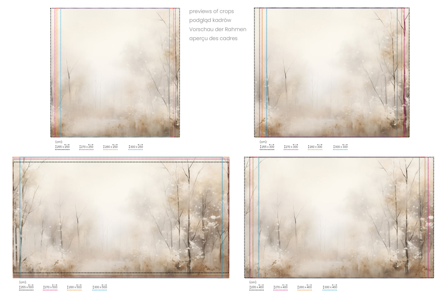 Na obrazie znajduje się prezentacja przykładowych rozmiarów fototapety o nazwie ENCHANTED MISTY GROVE MURAL. Rozmiar fototapety jest dowolny.