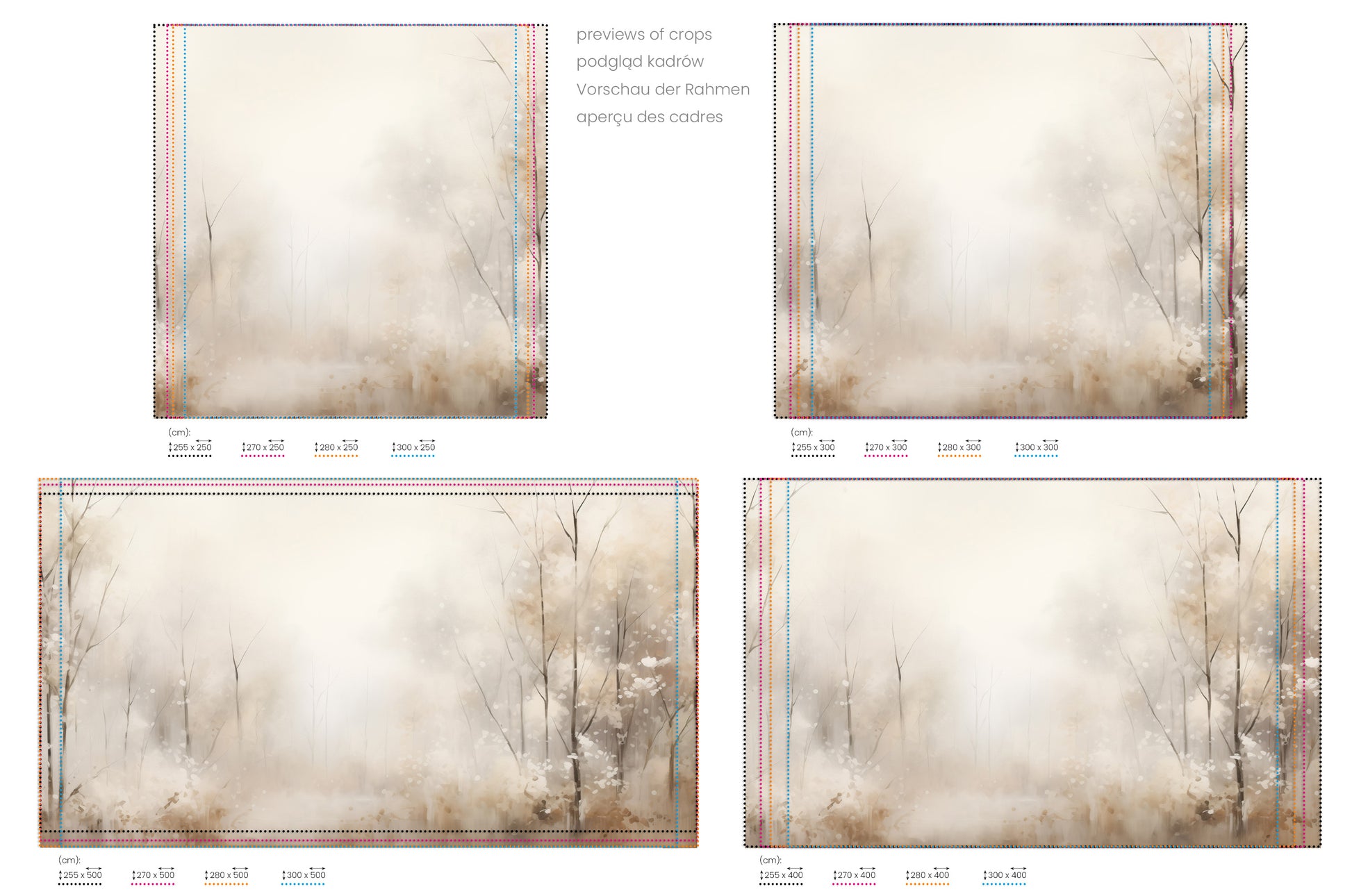 Na obrazie znajduje się prezentacja przykładowych rozmiarów fototapety o nazwie ENCHANTED MISTY GROVE MURAL. Rozmiar fototapety jest dowolny.
