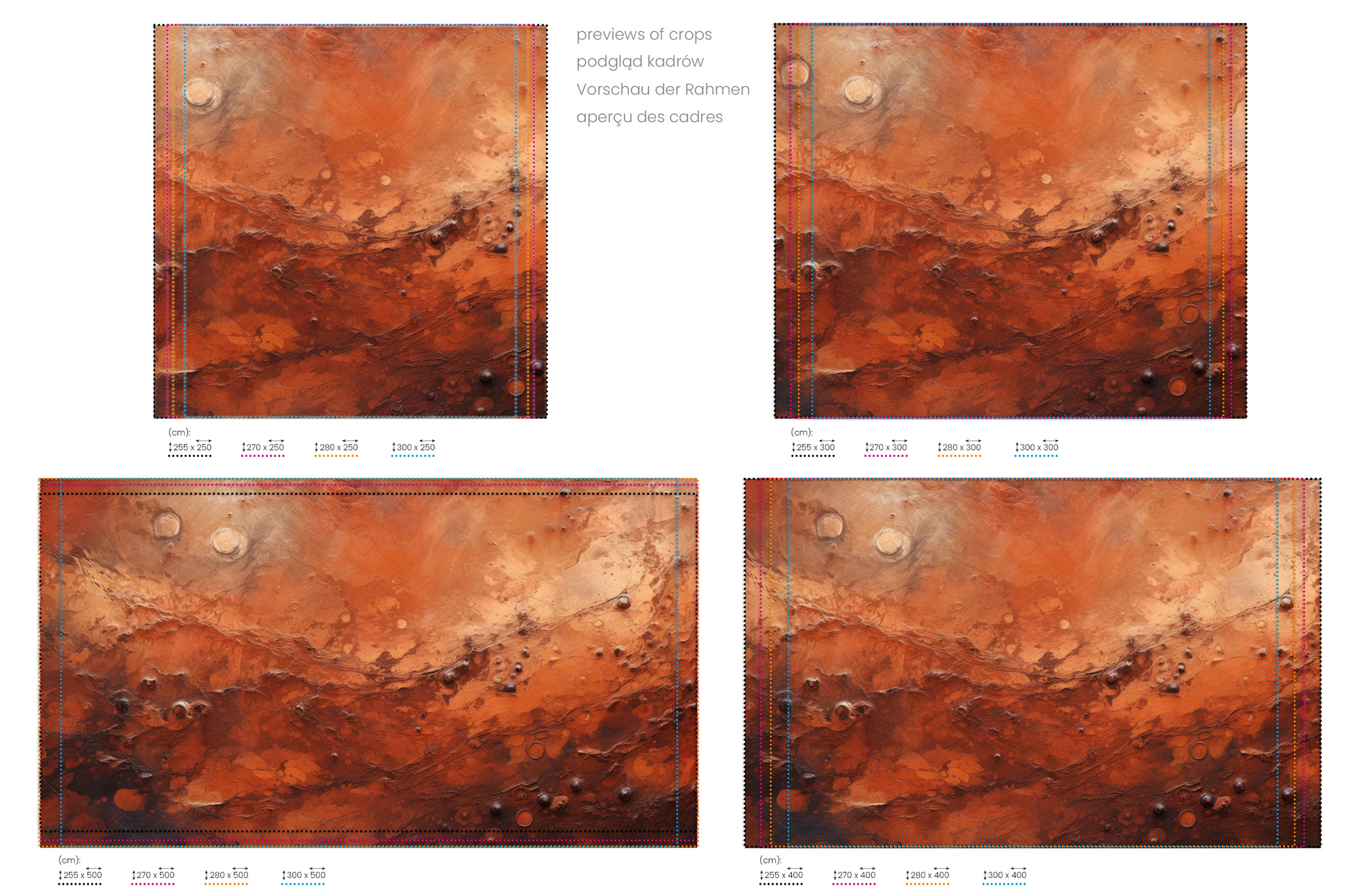 Na obrazie znajduje się prezentacja przykładowych rozmiarów fototapety o nazwie Martian Dust. Rozmiar fototapety jest dowolny.