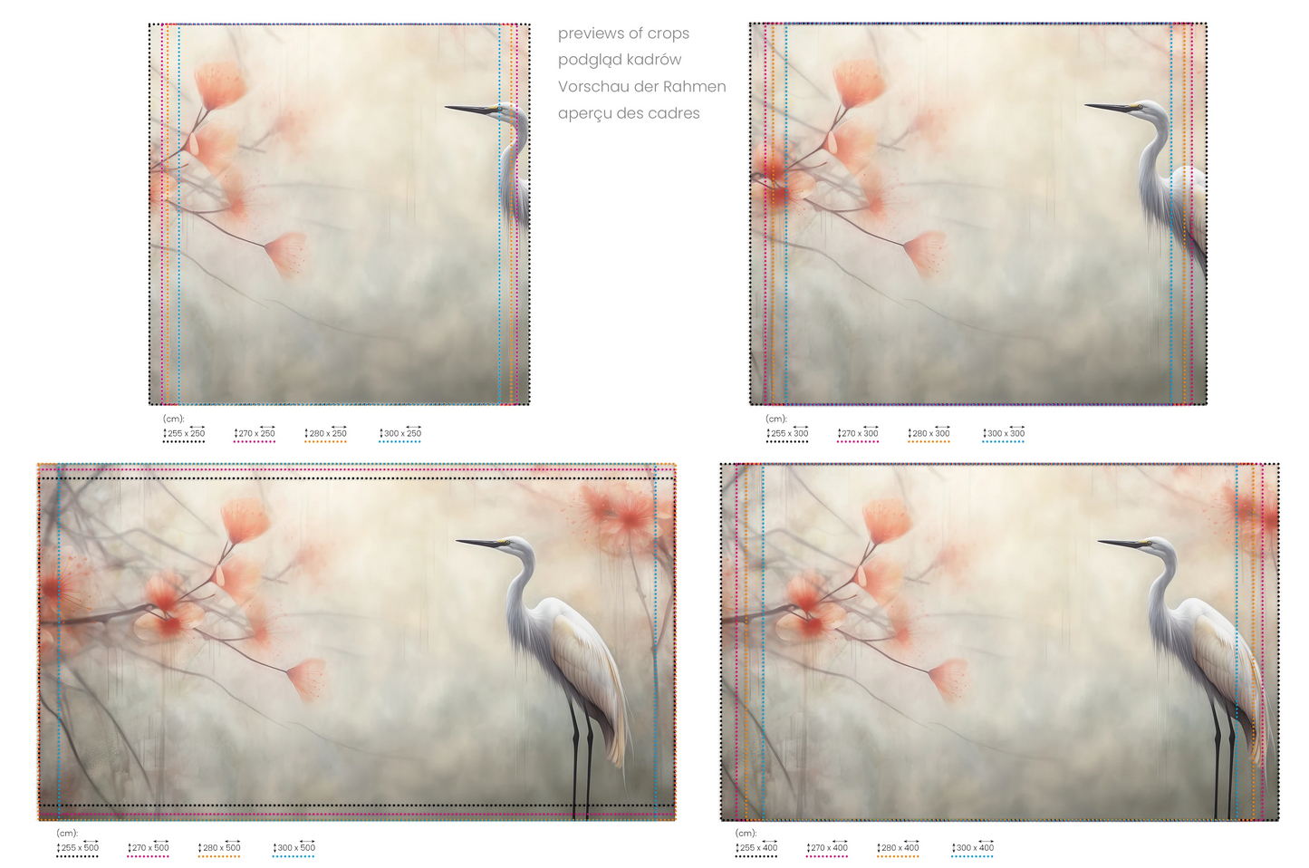 Na obrazie znajduje się prezentacja przykładowych rozmiarów fototapety o nazwie Serene Heron. Rozmiar fototapety jest dowolny.