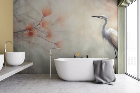 Wzór fototapety artystycznej o nazwie Serene Heron pokazanej w aranżacji wnętrza.
